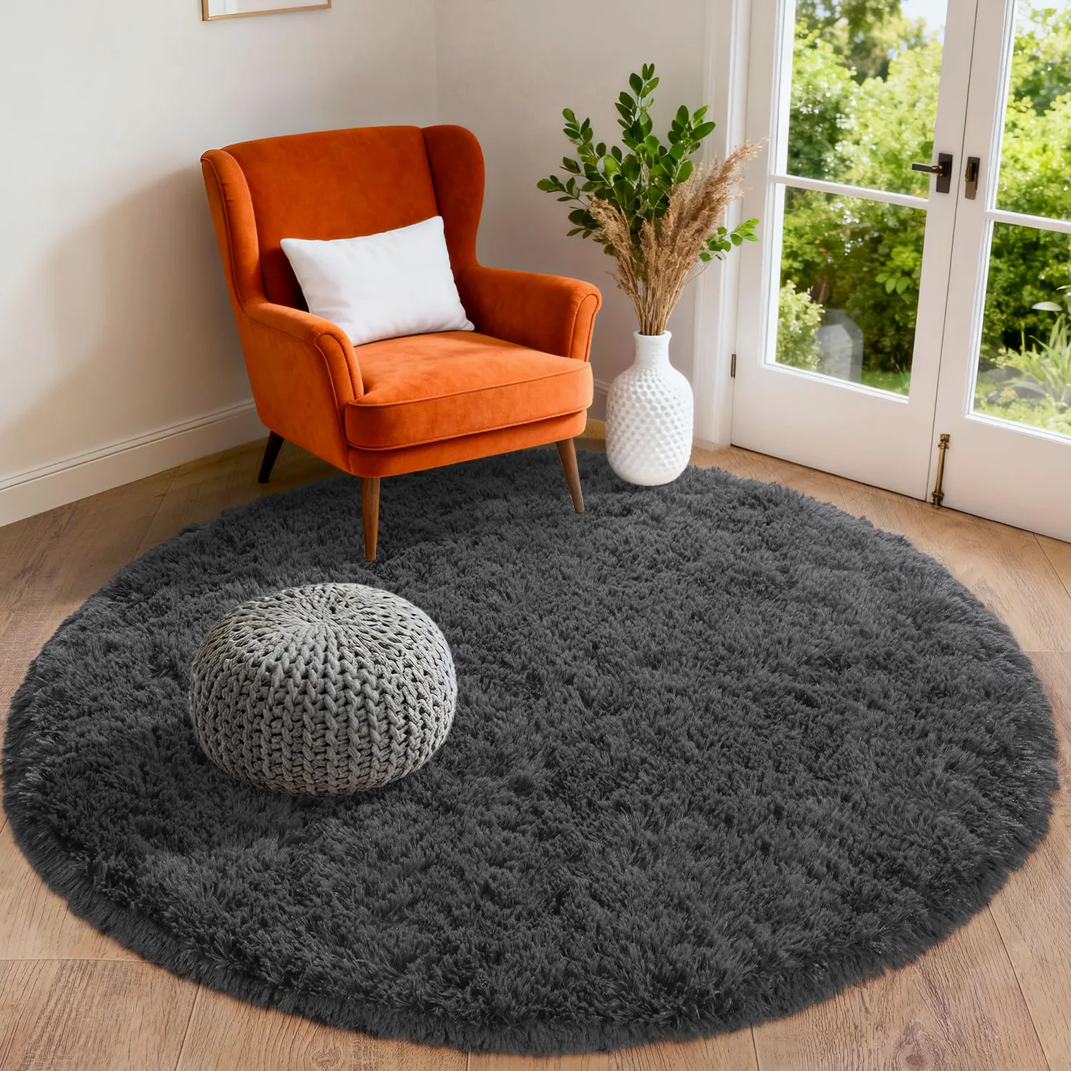 Tapis rond à poils longs pour chambre à coucher, salon, dortoir, gris foncé, blanc, 160 cm
