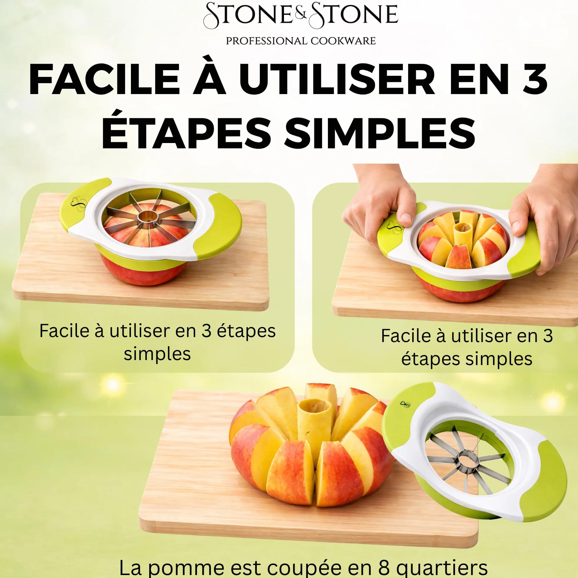 Stone&Stone Coupe Pomme Inox Professionnel 8 Lames Acier Inoxydable Éplucheur Levier Anti Trognon Trancheuse Fruits 8 Morceaux