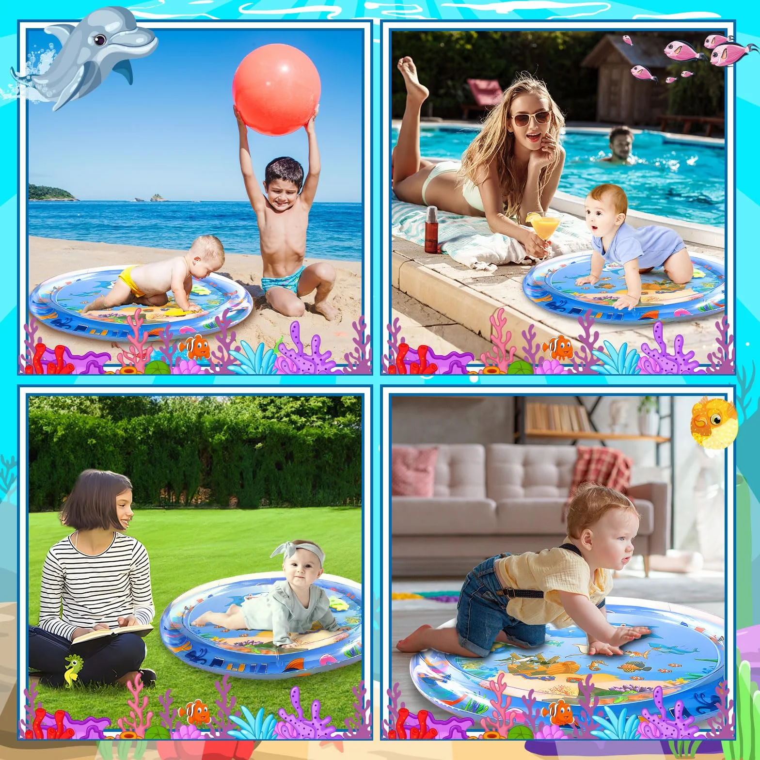 Tapis Eau Bebe Eveil 63 x 63 cm Aquarium Bebe Gonflé PVC Imperméable Motif Dauphin Sensoriel Rond