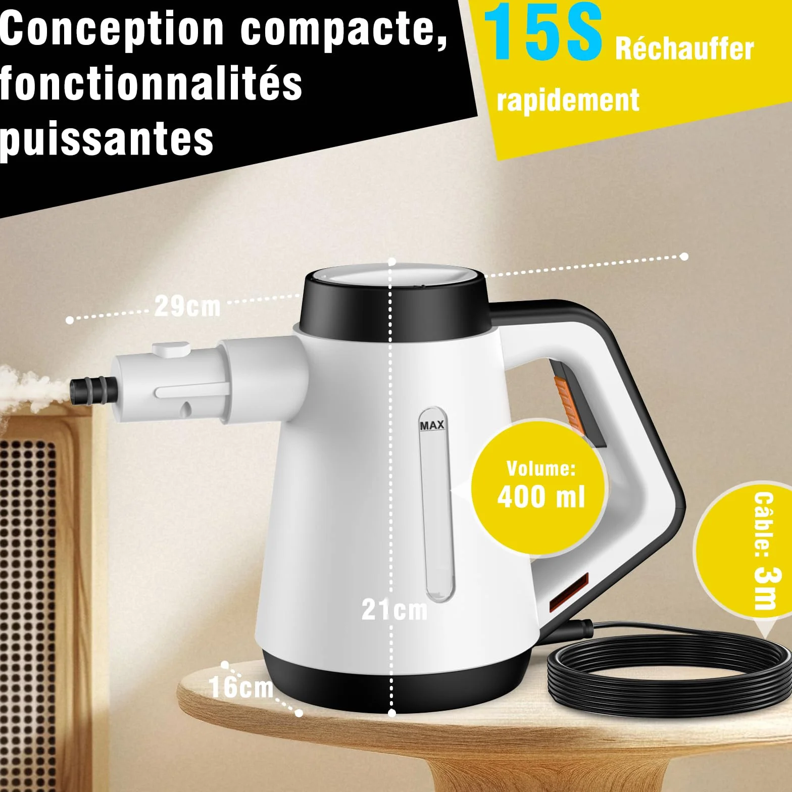 Nettoyeur à vapeur portatif Fippesax 400ml 15S chauffage instantané 9 accessoires