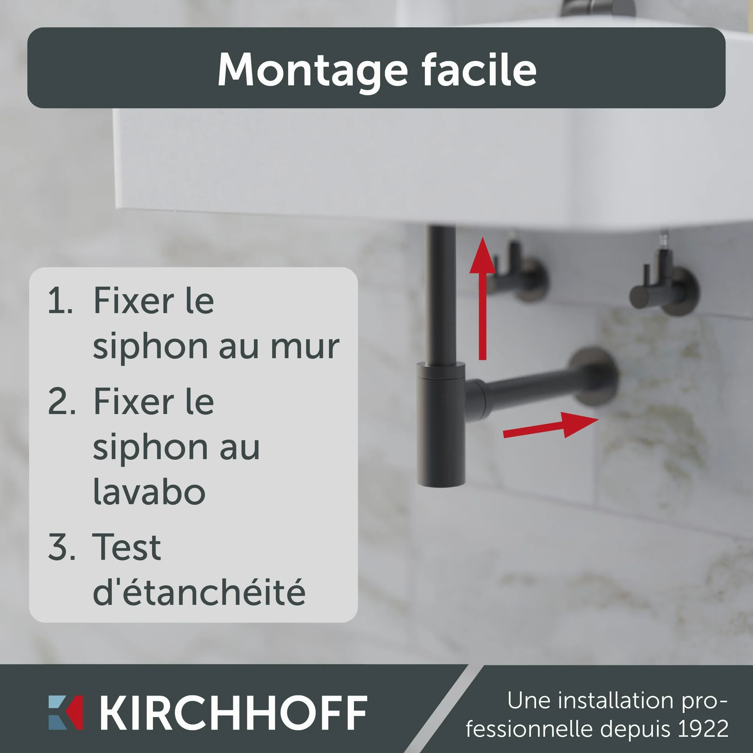 Kirchhoff Bonde de Lavabo Universelle Graphite Mat, Siphon | Laiton massif enduit, raccord 11⁄4", kit avec rosace murale, joint bonde et bouchon lavabo universel, ouverture de nettoyage
