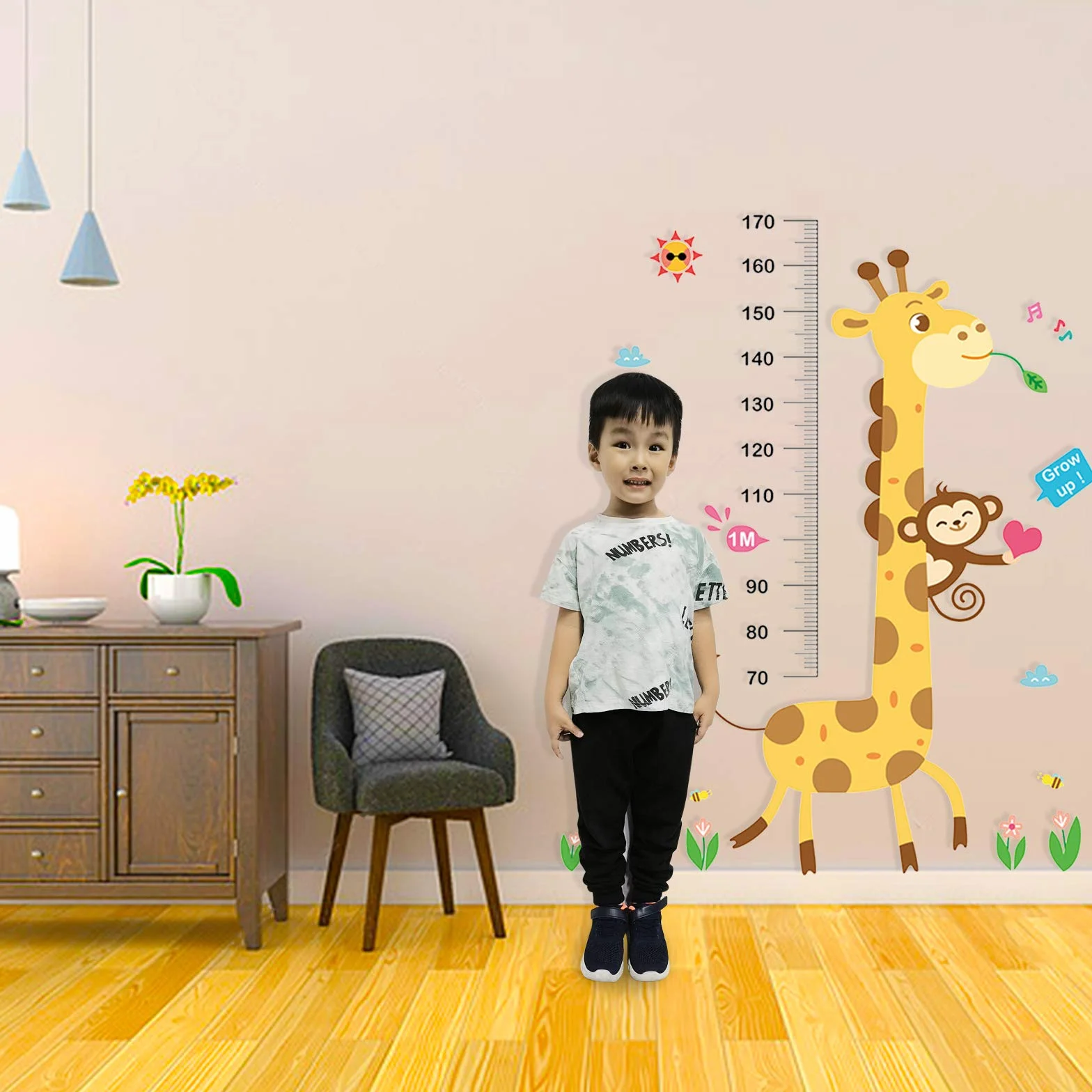 Tableau de croissance bébé autocollant mural amovible girafe singe