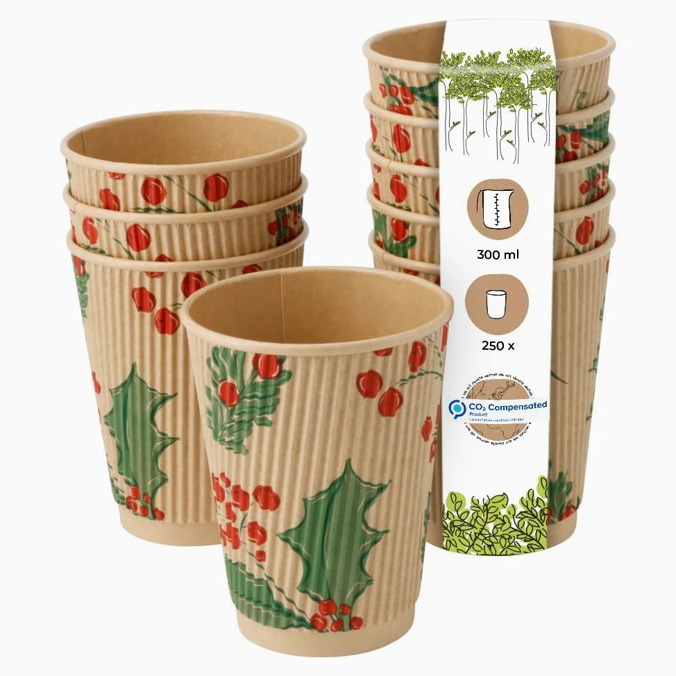BIOZOYG 250 gobelets cannelés de 300 ml 'Branches' d'hiver pour café à emporter biodégradables à usage unique. Gobelets cannelés en carton compostable non blanchi pour le vin chaud.