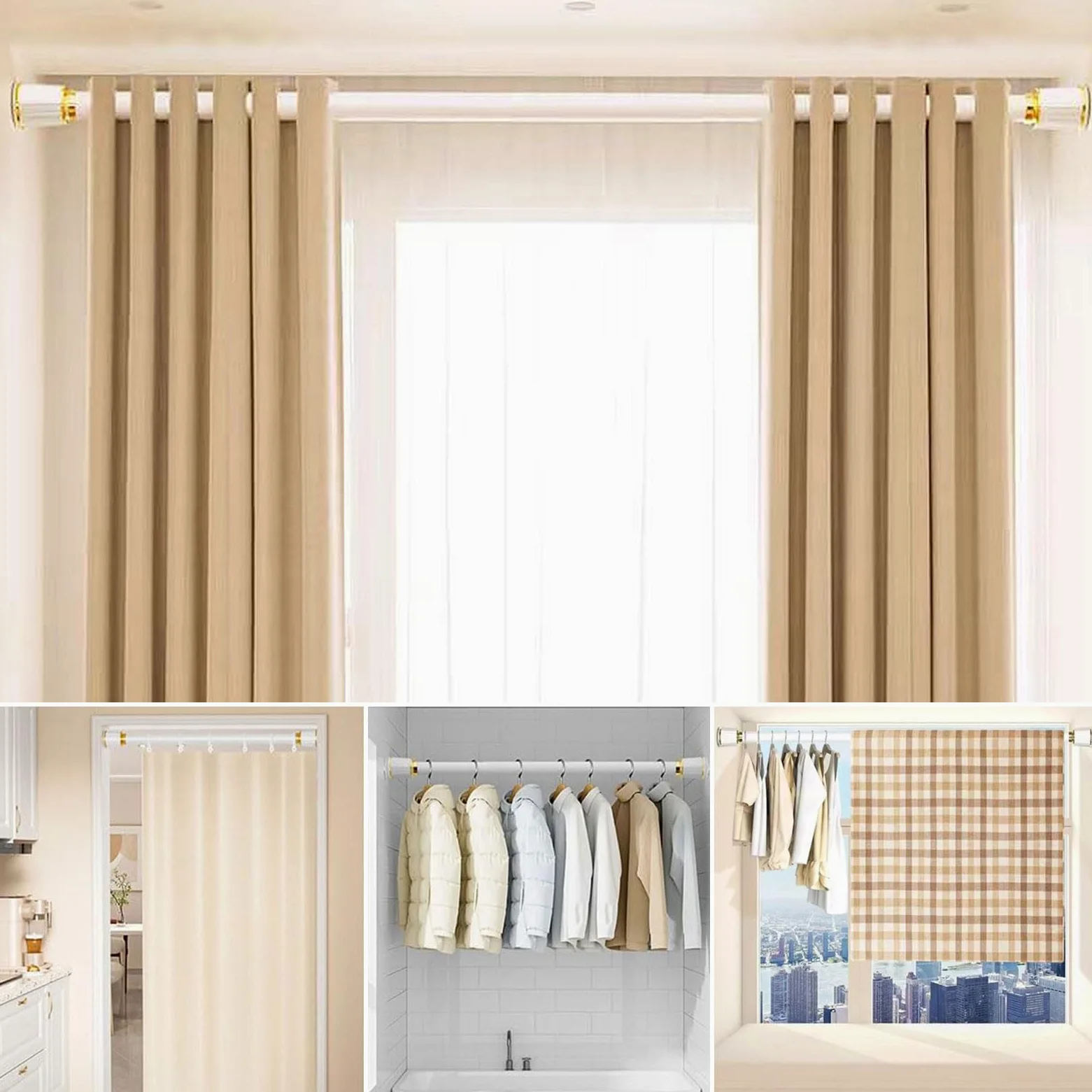 Tringle À Rideau De Douche Extensible, Tringle À Rideau Télescopique 40–500cm, sans Perçage, pour Baignoire, Barre De Placard, Douche, Rideau 110-190 cm / 43.3-74.8 in Gris