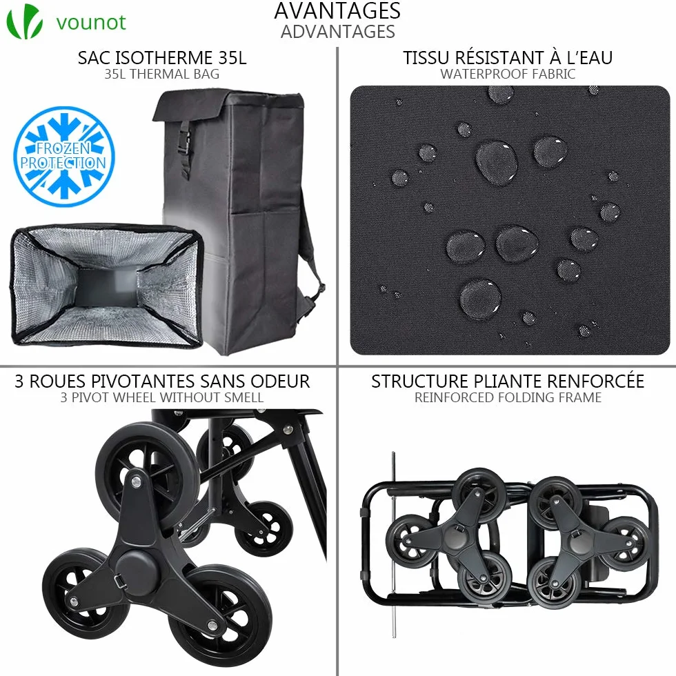 VOUNOT Chariot de Courses Solide Pliable 3 en 1 avec Compartiment Isotherme 6 Roues 35 L Charge Max 30 kg Noir 104 x 45 x 40 cm