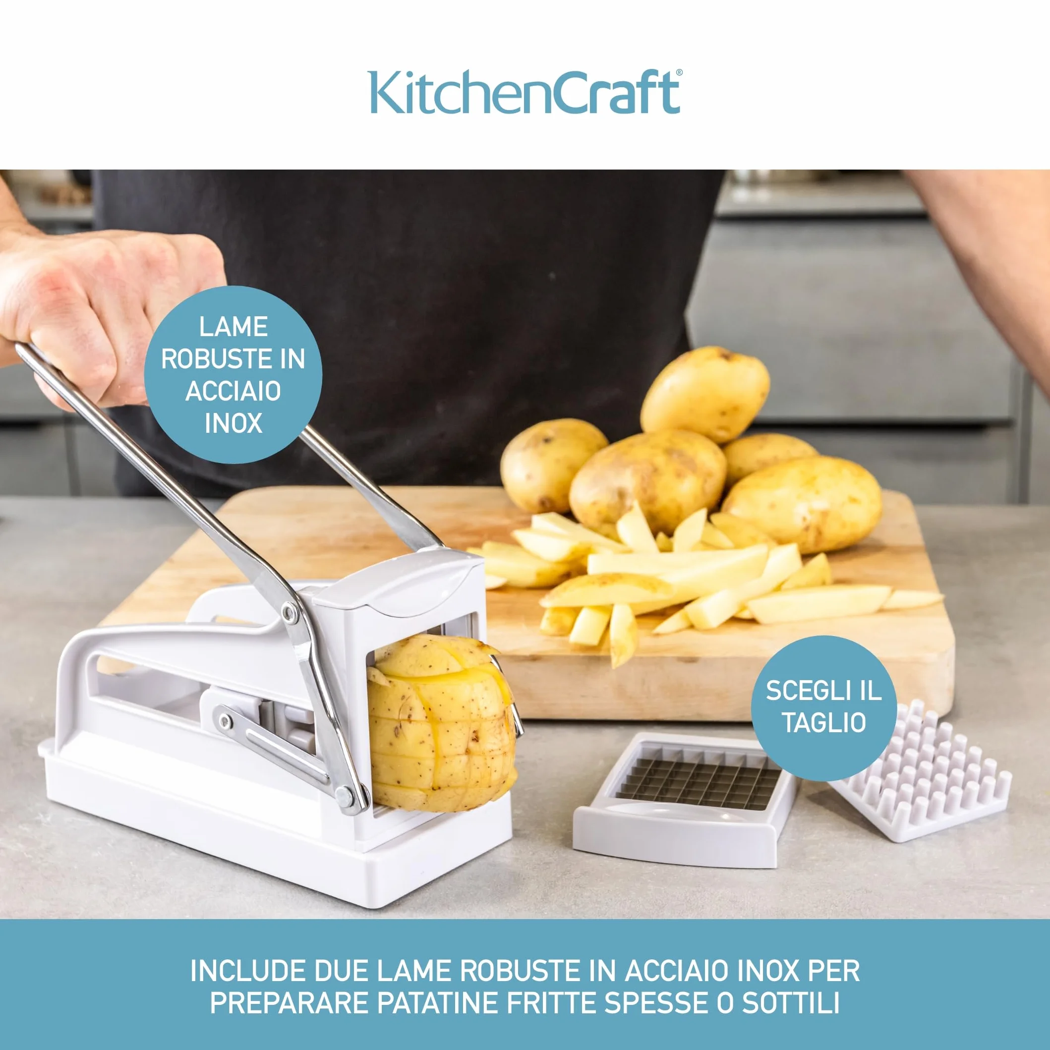 KitchenCraft Déchiqueteuse De Pommes De Terre Professionnel Coupe-Copeaux Plastique Acier Inoxydable 23,5x10,5x12 cm Blanc