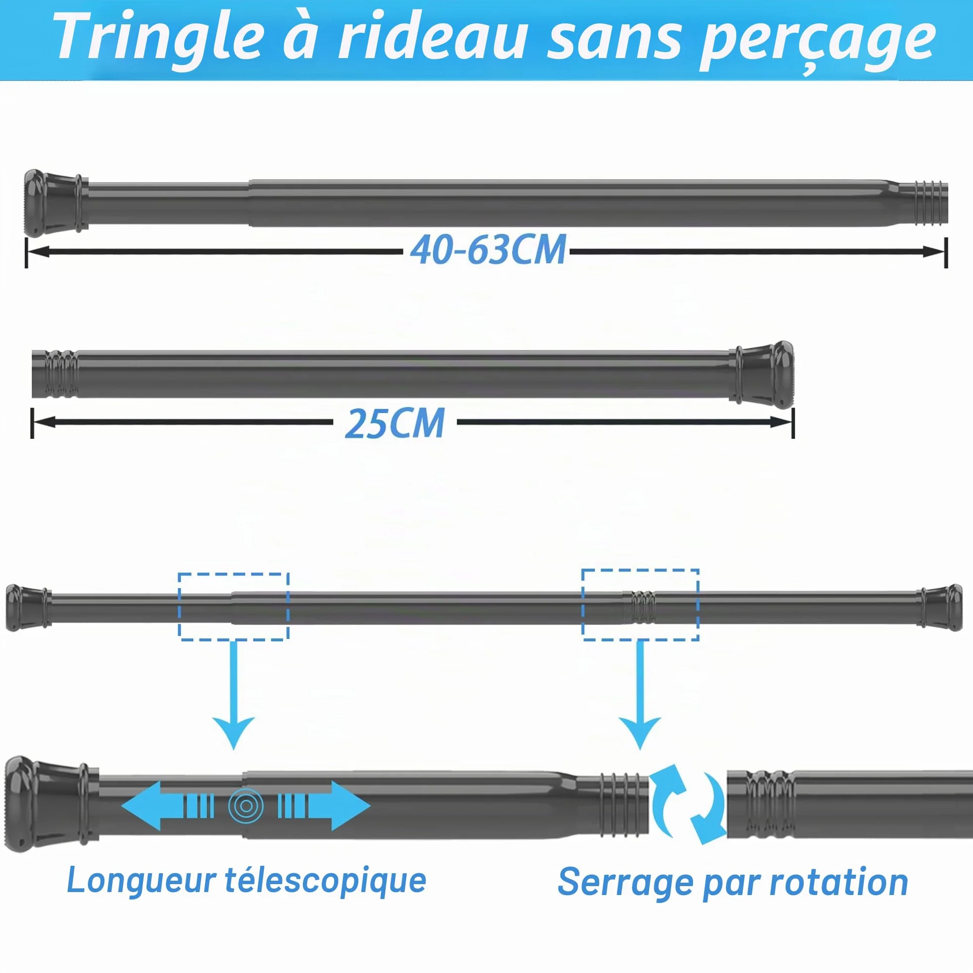 Tringle à rideaux télescopique sans perçage 66-90 cm blanc diamètre 25 mm