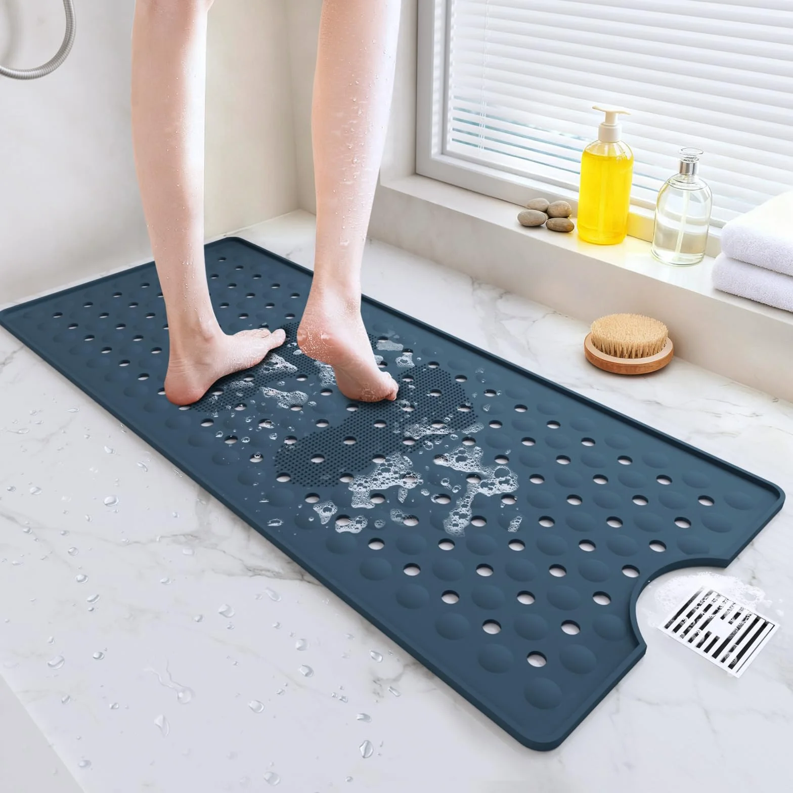 Tapis Baignoire Antidérapant 90 x 40 cm Lavable en Machine Bleu Profond