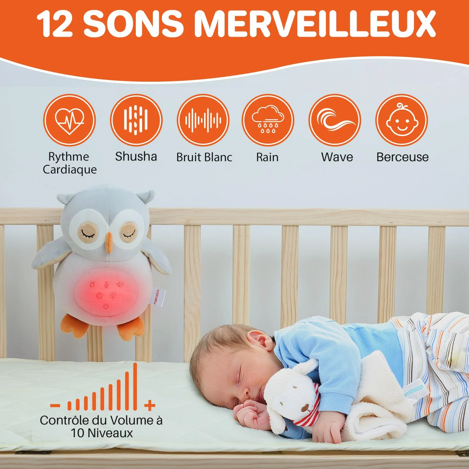 Peluche Hibou Apaisante avec Bruit Blanc pour Bébé Jouet Musical Lumineux Veilleuse Lavable en Machine