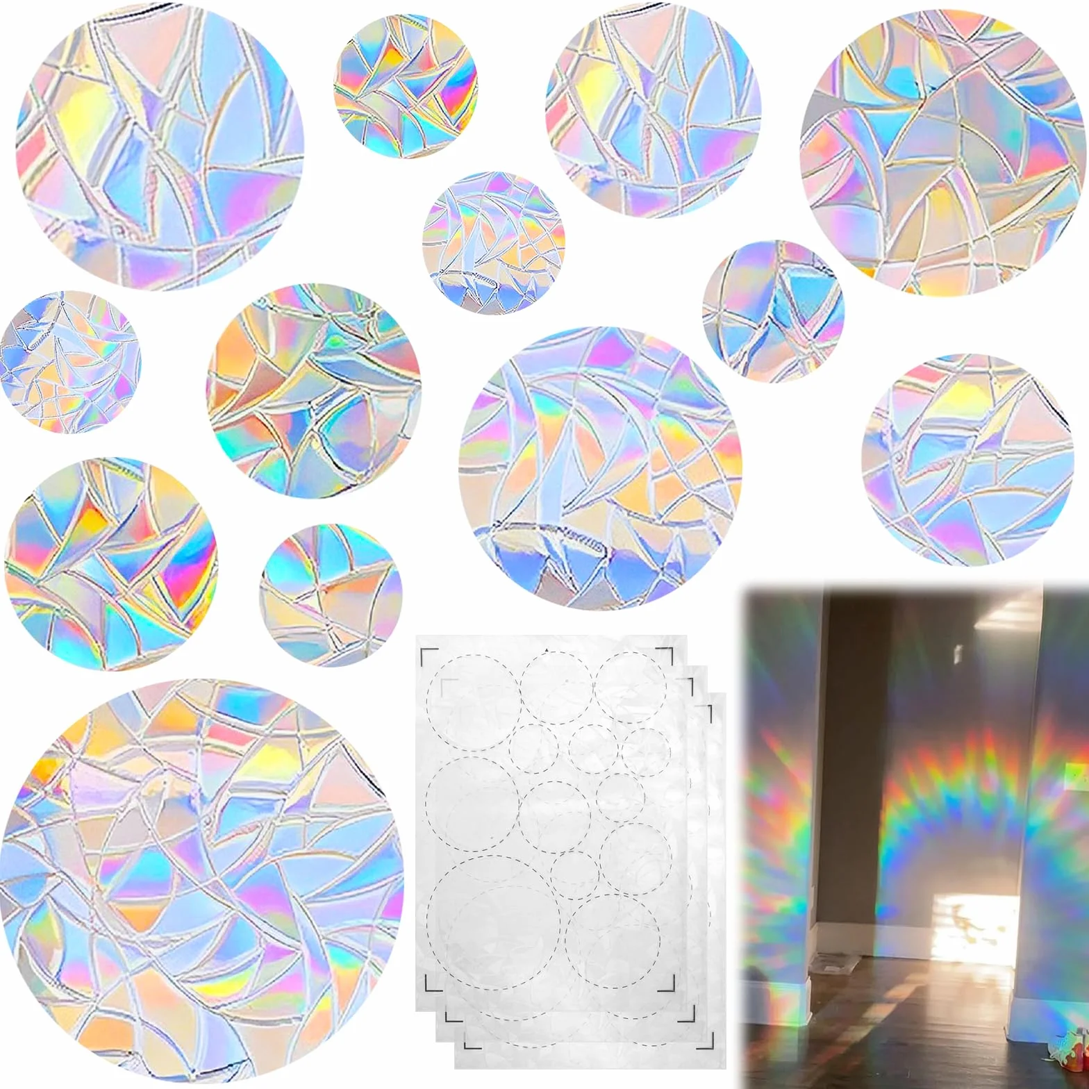 Lot de 39 Stickers Suncatcher Anti-Collision Arc-en-Ciel Fenêtre Prism Autocollant Verre Décoration Lumineuse Maison Bureau