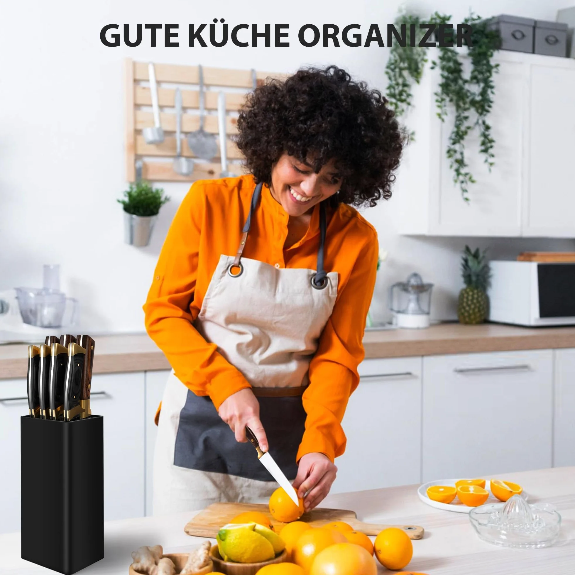Bloc Couteaux Vide Noir Universel pour Cuisine, Porte-Couteaux avec Lattes Flexibles, 22 x 9.5 x 9.5 cm