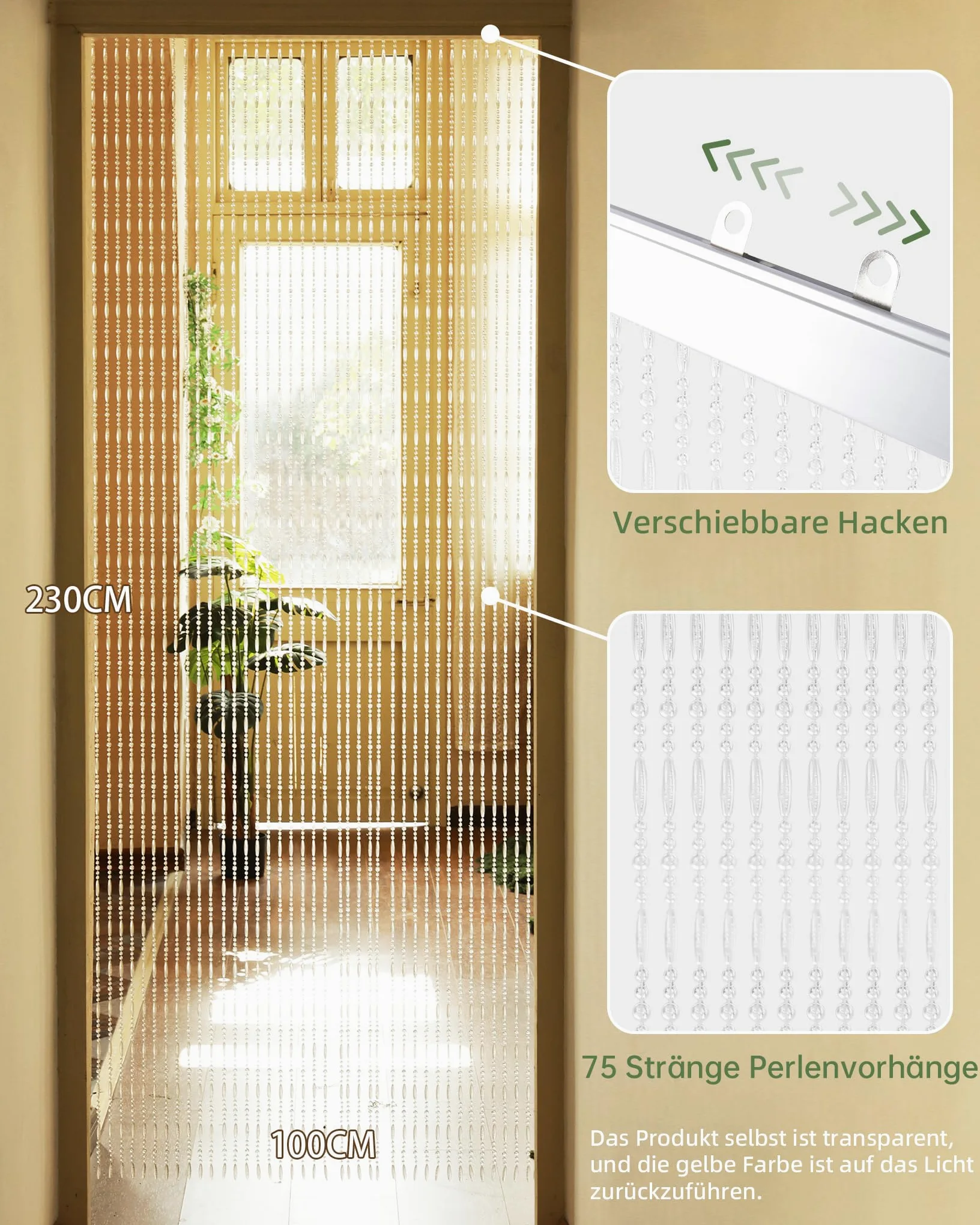 Rideau de Perles Transparent Porte de Balcon, 100x230cm, 75 Brins, Rideau de Perles en Plastique comme Moustiquaire et Décoration pour Porte de Balcon, Chambre