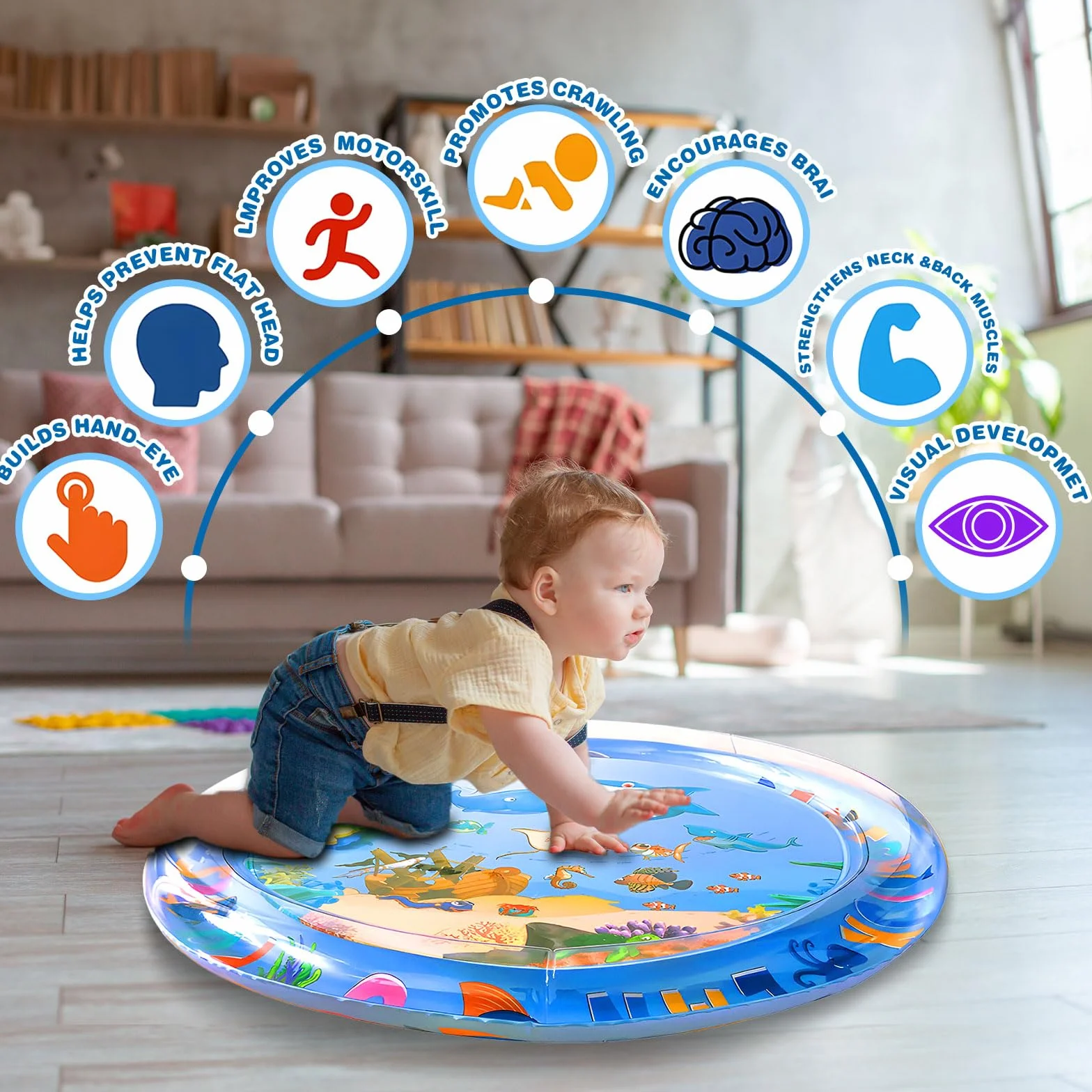 Tapis Eau Bebe Eveil 63 x 63 cm Aquarium Bebe Gonflé PVC Imperméable Motif Dauphin Sensoriel Rond