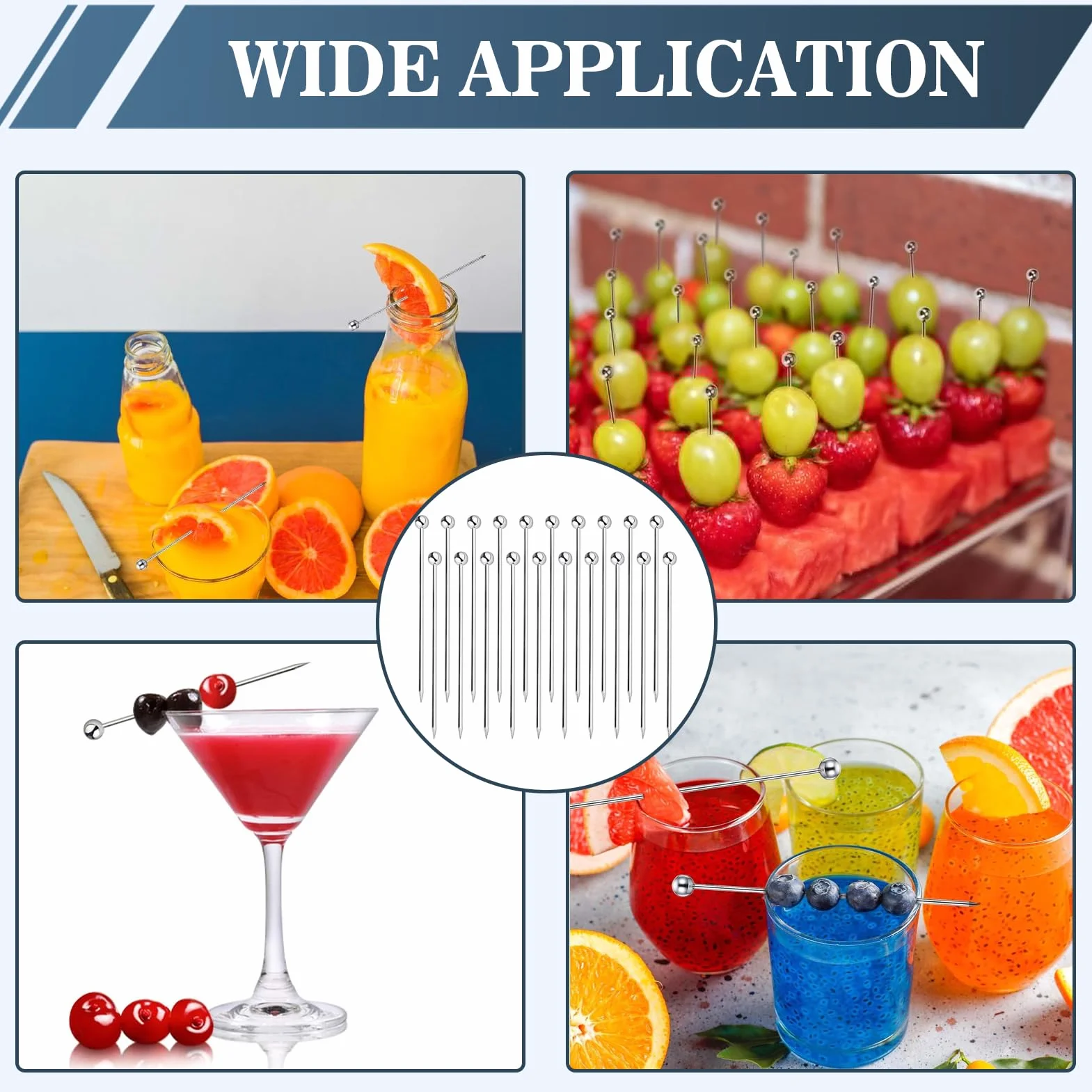 Piques à Cocktail en Acier Inoxydable 11cm Lot de 20 Réutilisables avec Tête à Boule