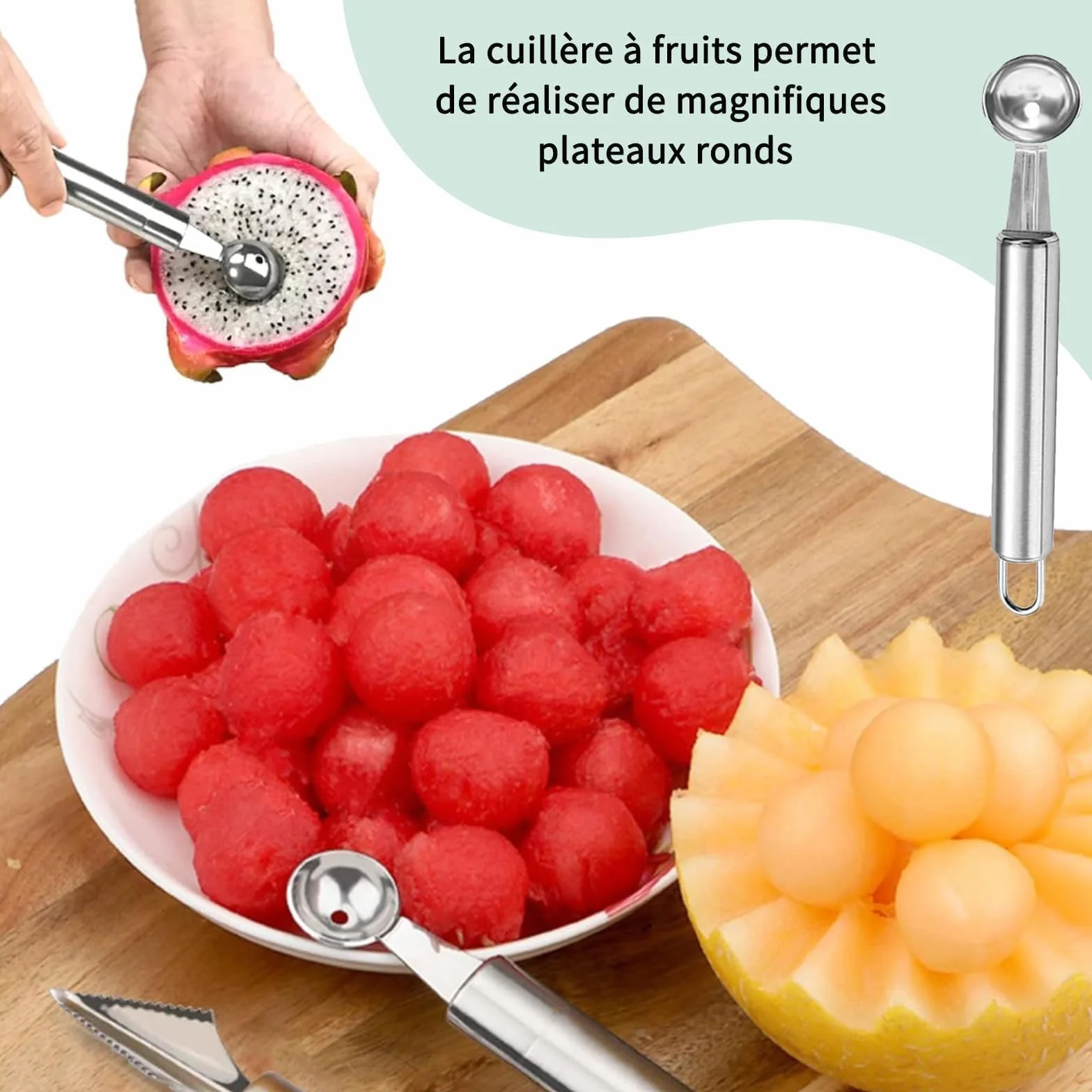 Couteau Sculpture Fruits Acier Inoxydable Pousse-Pomme Cuillère Boule Melon 3 Pièces