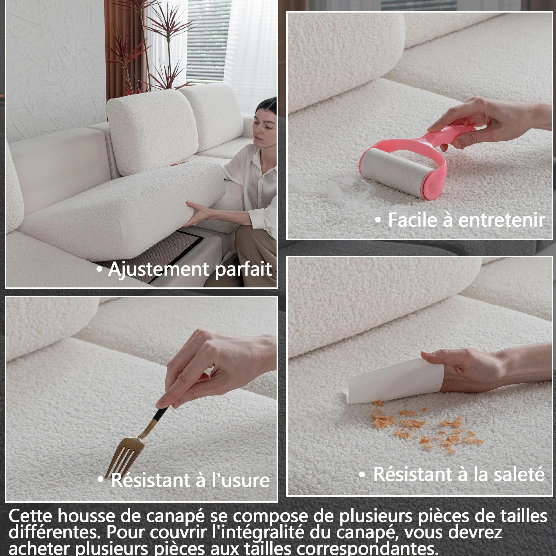 OHSIO Housse de canapé - Haute élasticité et antidérapante - Lavable et adaptée aux Animaux de Compagnie - Résistante - Ivoire - 2 Housses de siège S + 1 Housse de Chaise Longue