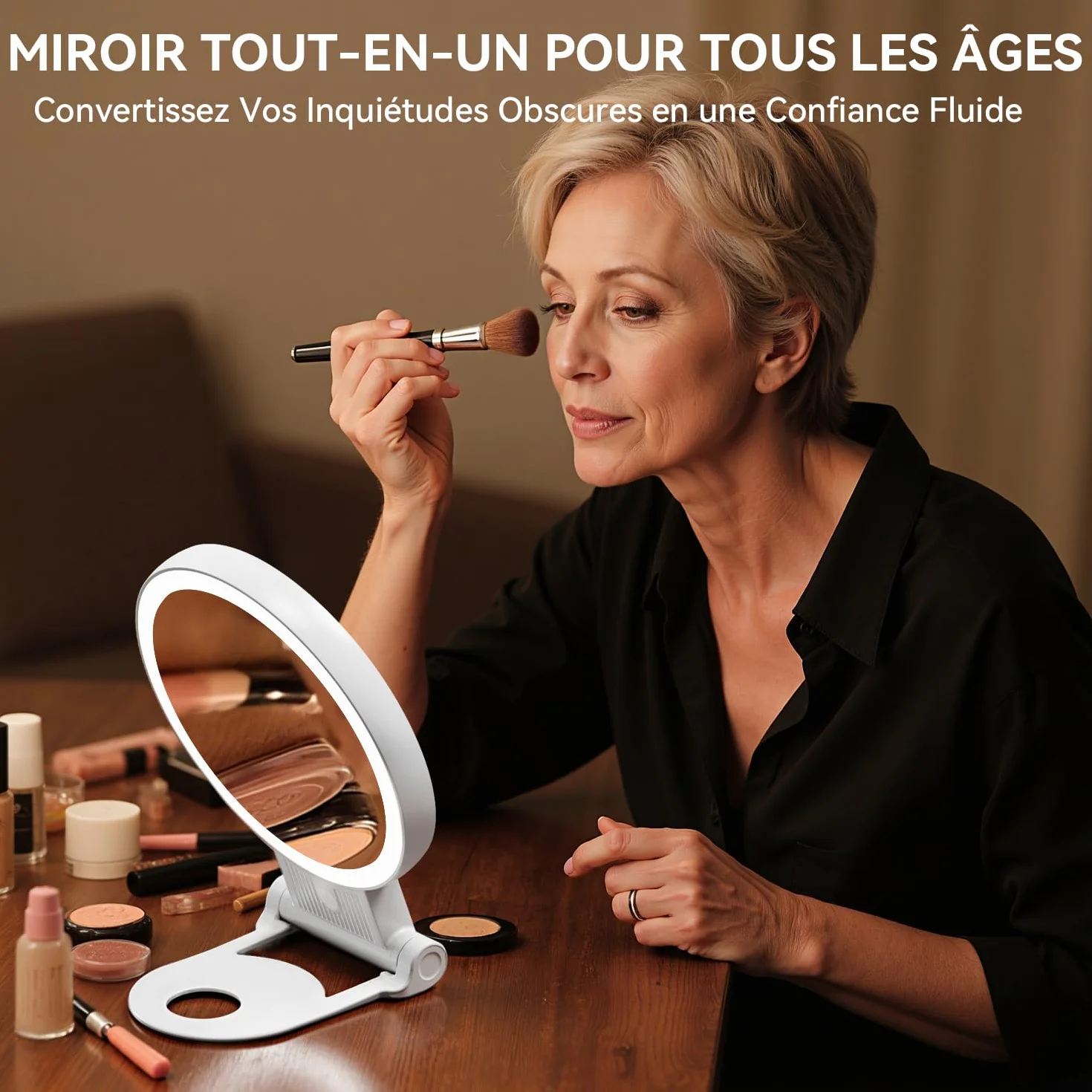 Auxmir Miroir Grossissant Lumineux Double Face 1X/30X, Maquillage 3 Couleurs, Luminosité Réglable, Batterie 2000mAh, Support 360°