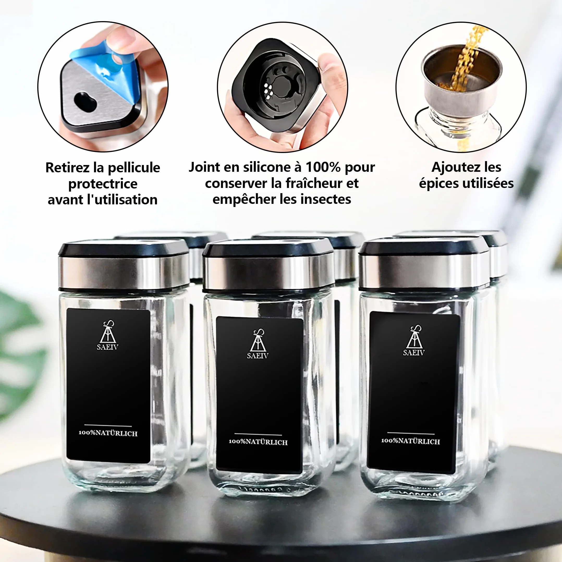 Pot à Épices Set Carré Rotatif 360° 3 Calibres Réglables 12 Coffret 120 ml Verre Rangement Cuisine