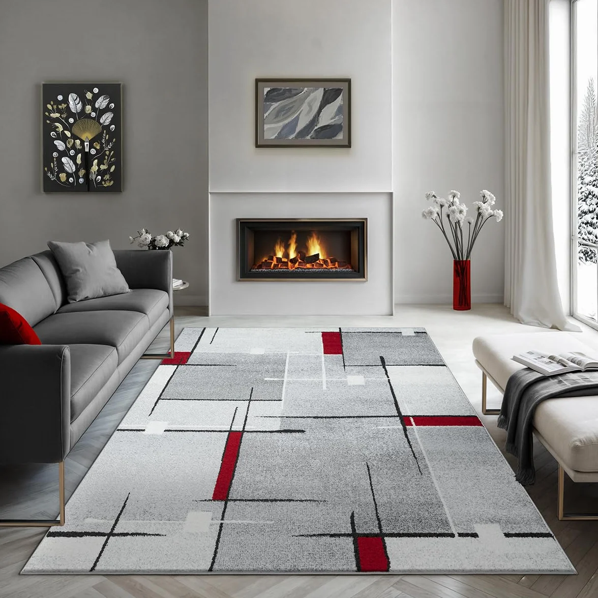 Tapis à Poils Courts et Denses Géométrique Gris Rouge 240 x 330 cm