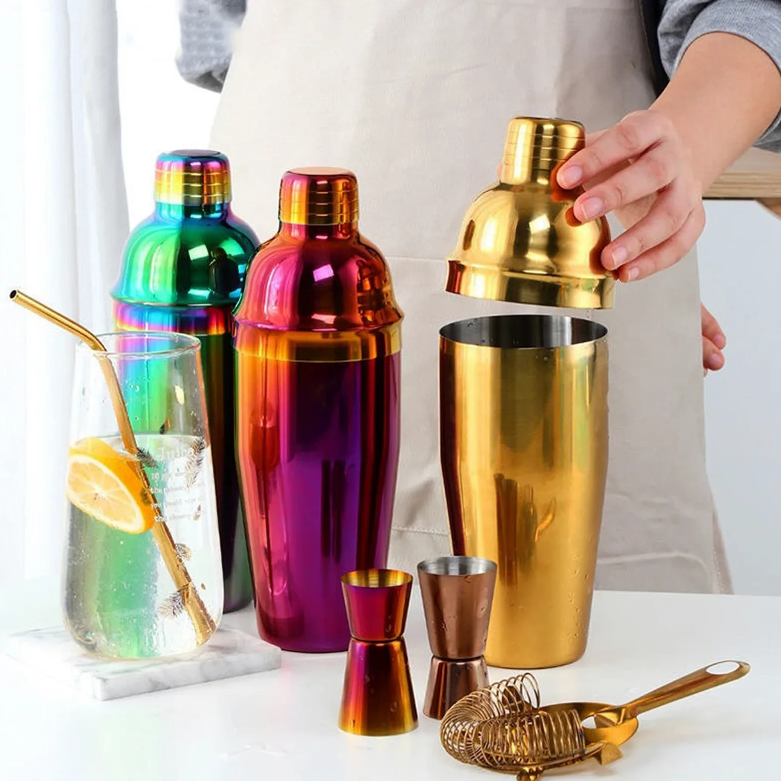 Shaker Cocktail Cocktail Shaker Barware Outil coloré en Acier Inoxydable Kit Boston Cocktail Set Shaker vin verseurs avec Passoire Mesurer Coupe Barman Set à Cocktail (Color : Rainbow 3 Set)