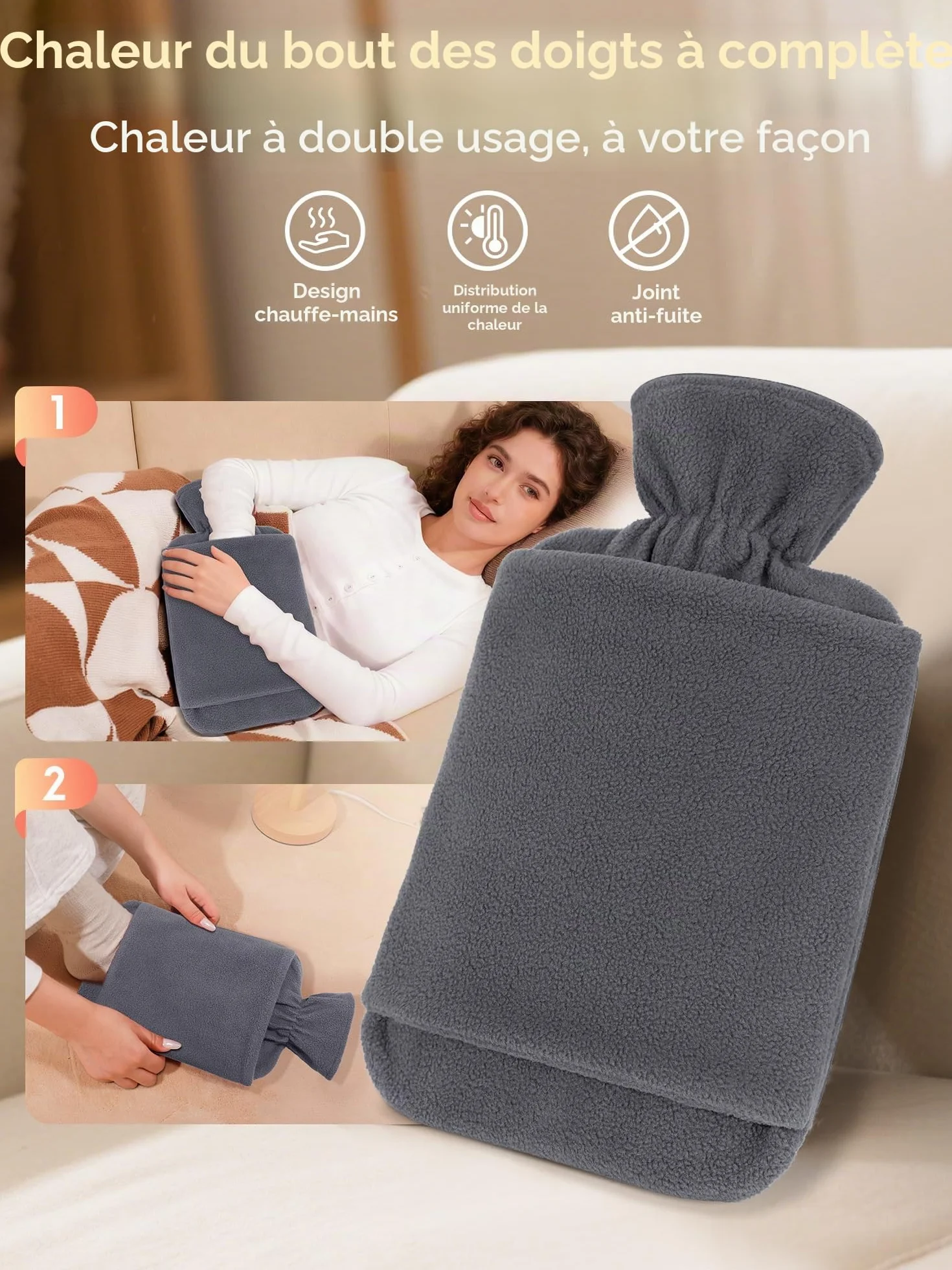 Bouillotte 2L Anti-Fuite Avec Housse Non-Tissé et Poche Kangourou - Gris
