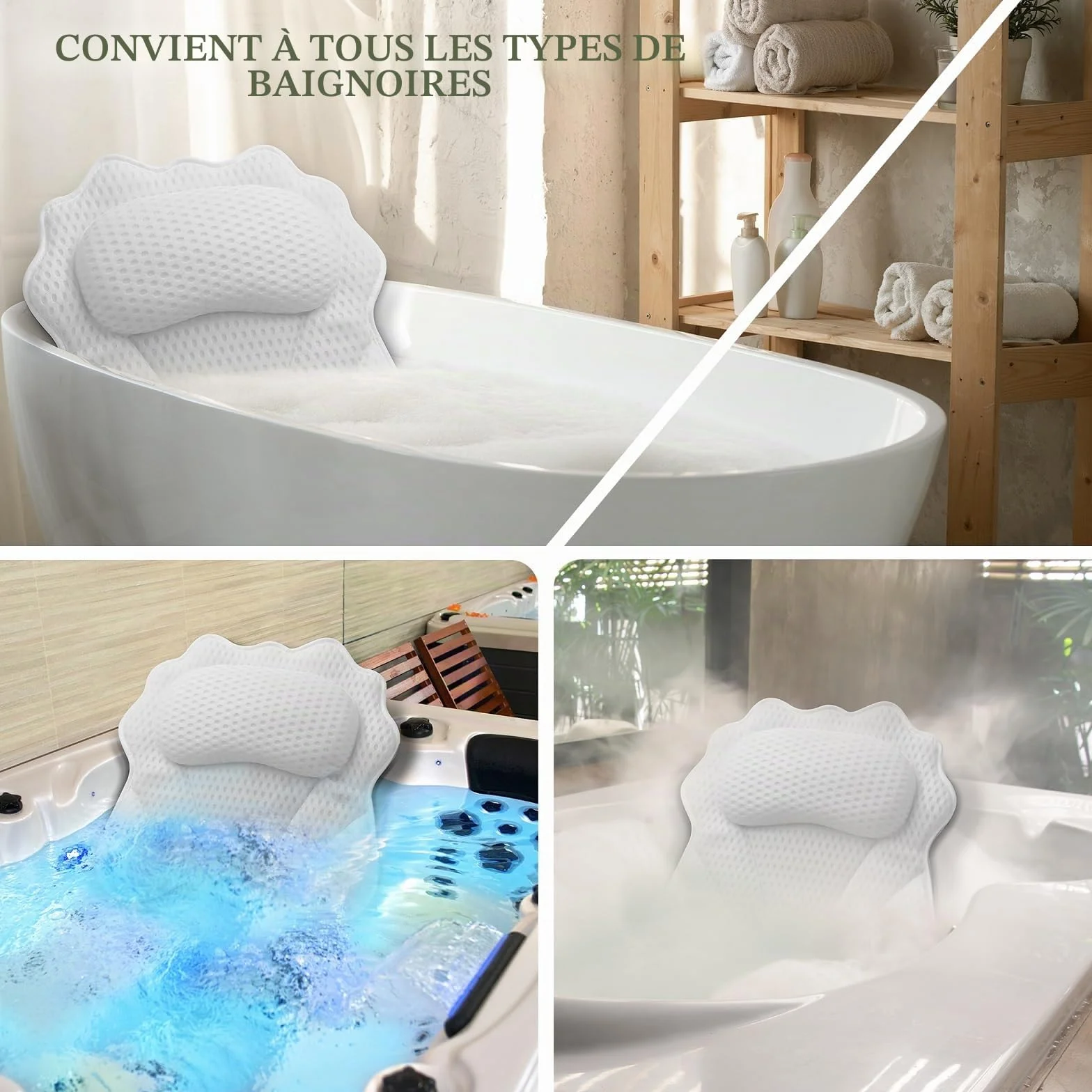 Oreiller de Bain Ergonomique 4D avec Ventouses Puissantes pour Baignoire et Spa