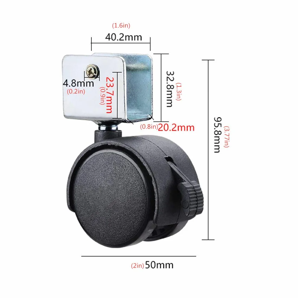 Roulettes de Lit d'enfant 50mm 4 Roues Pivotantes avec Frein Double Roue Charge 70kg Noir Support en U 20mm