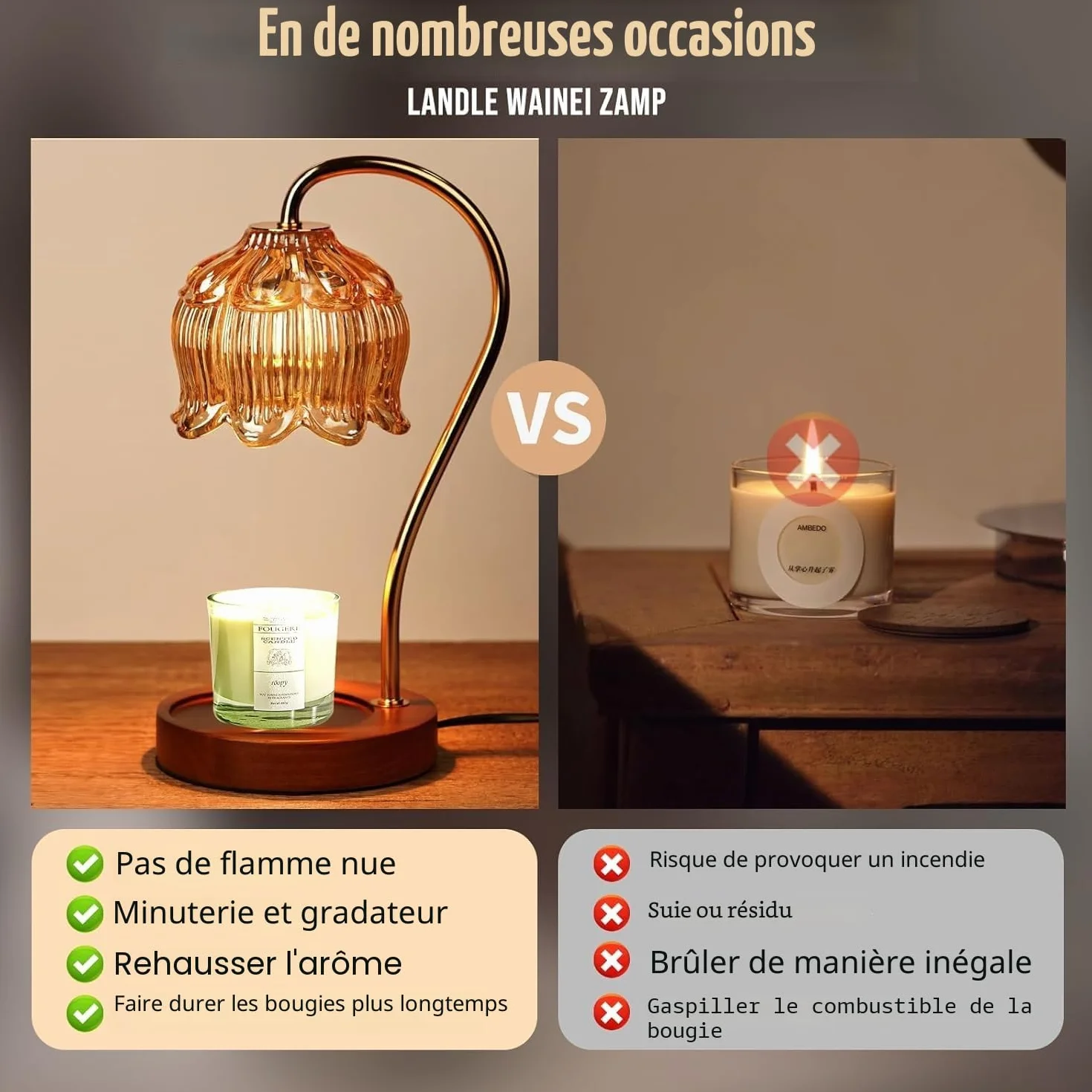 Lampe chauffe-bougie avec variateur d'intensité et minuterie pour bougies parfumées en pot - 2 ampoules
