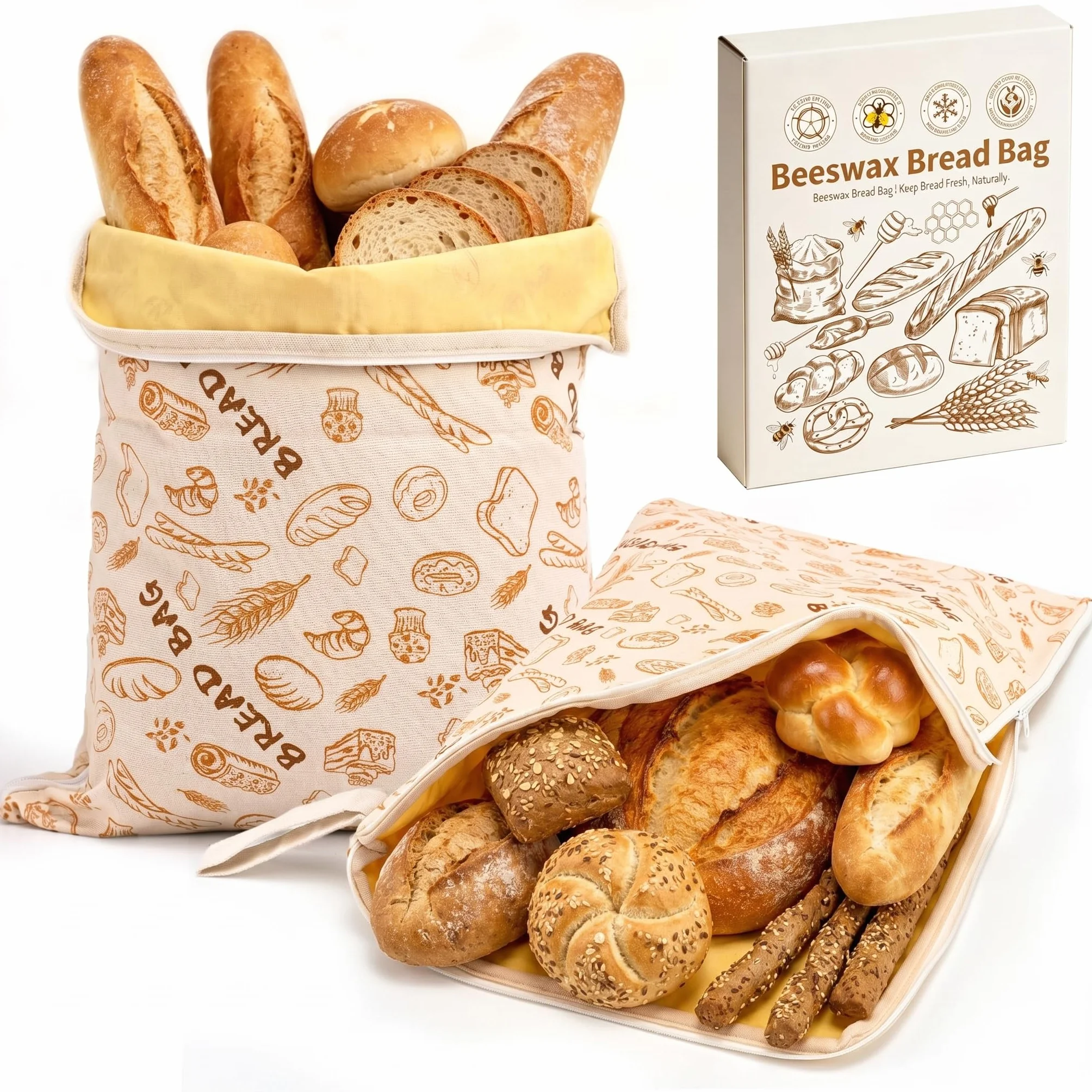 Lot de 2 Sacs à Pain en Cire d'Abeille 43 x 33 cm avec Fermeture Éclair, Réutilisables pour Conservation du Levain et Baguette