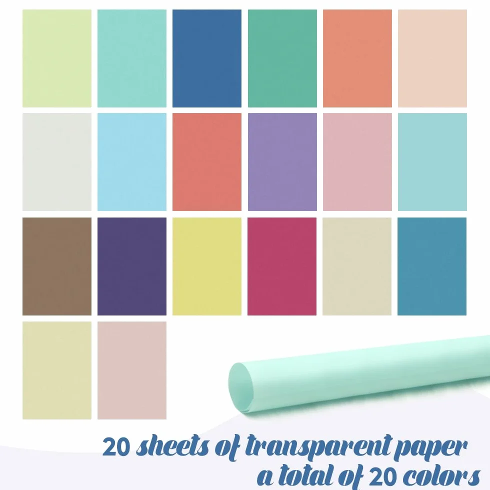 Papier Transparent Couleur A4 29.7x21 cm 20 Feuilles Cartonné Loisir Creatif Papiers Calque Imprimable Bricolage Calligraphie Scrapbooking