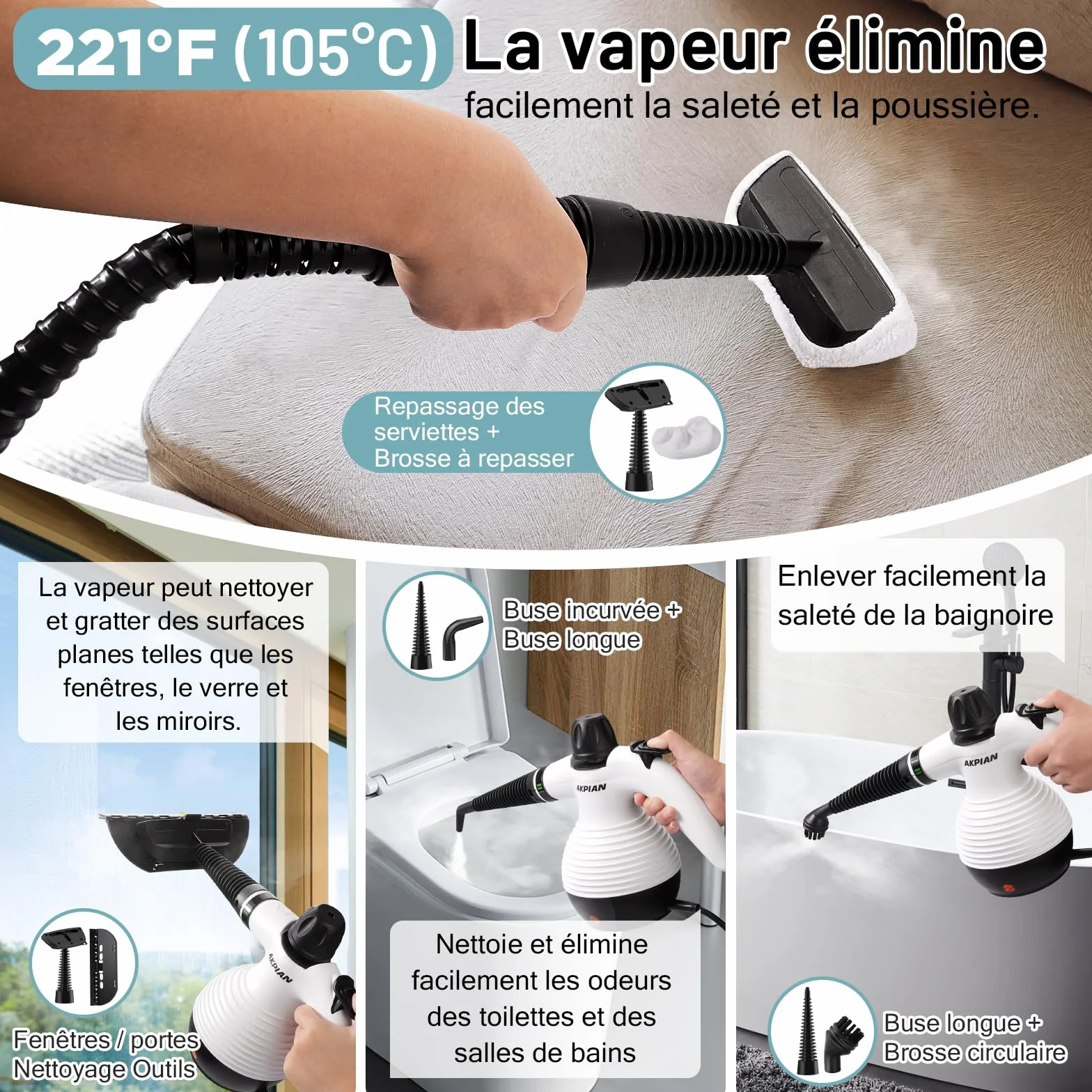 Nettoyeur vapeur manuel 1050 W multifonction avec kit 10 pièces pour joints carrelage, cuisinière, fenêtre
