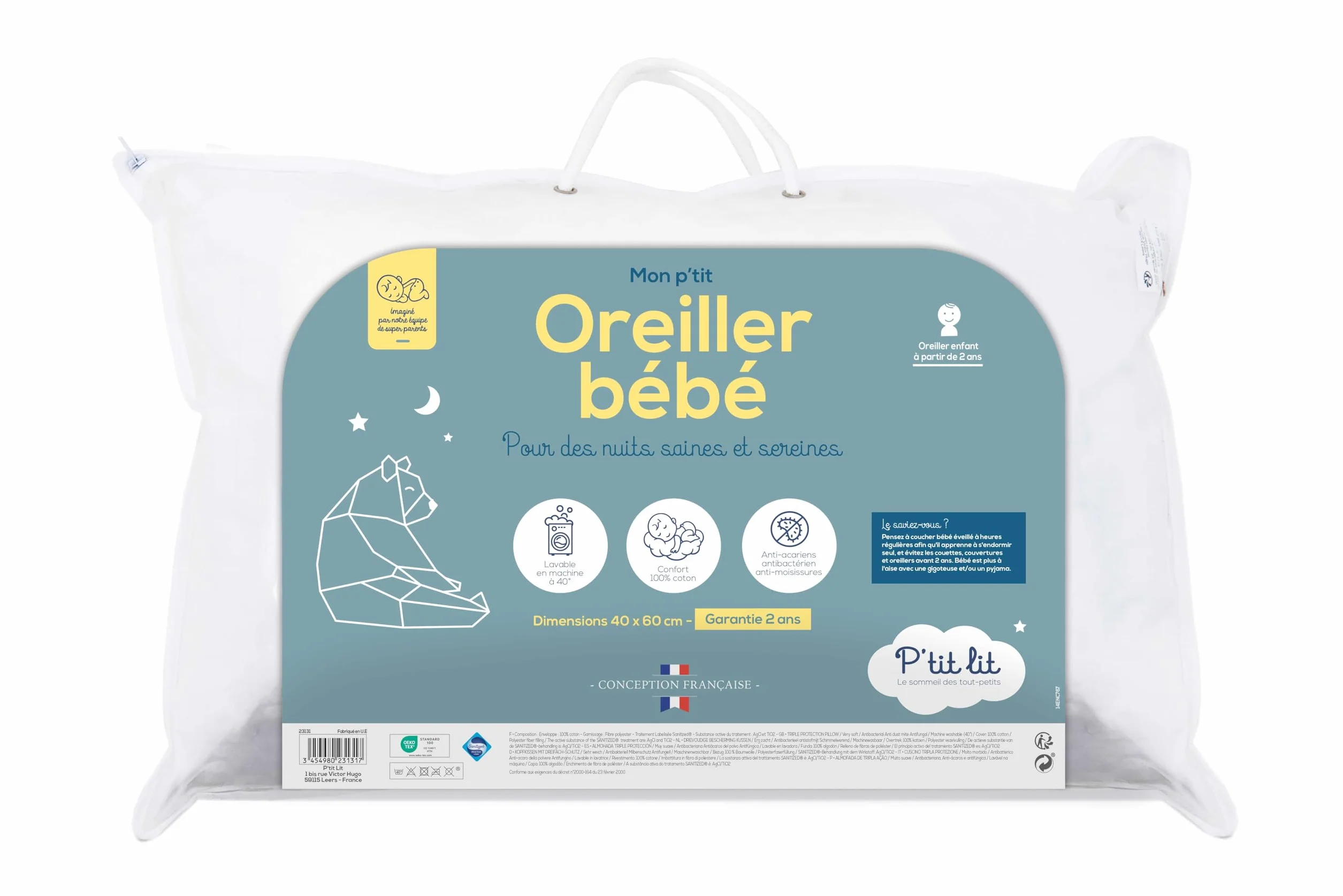 Oreiller Bébé P'TIT LIT 40x60 cm Anti Acariens Hypoallergénique Oeko Tex®