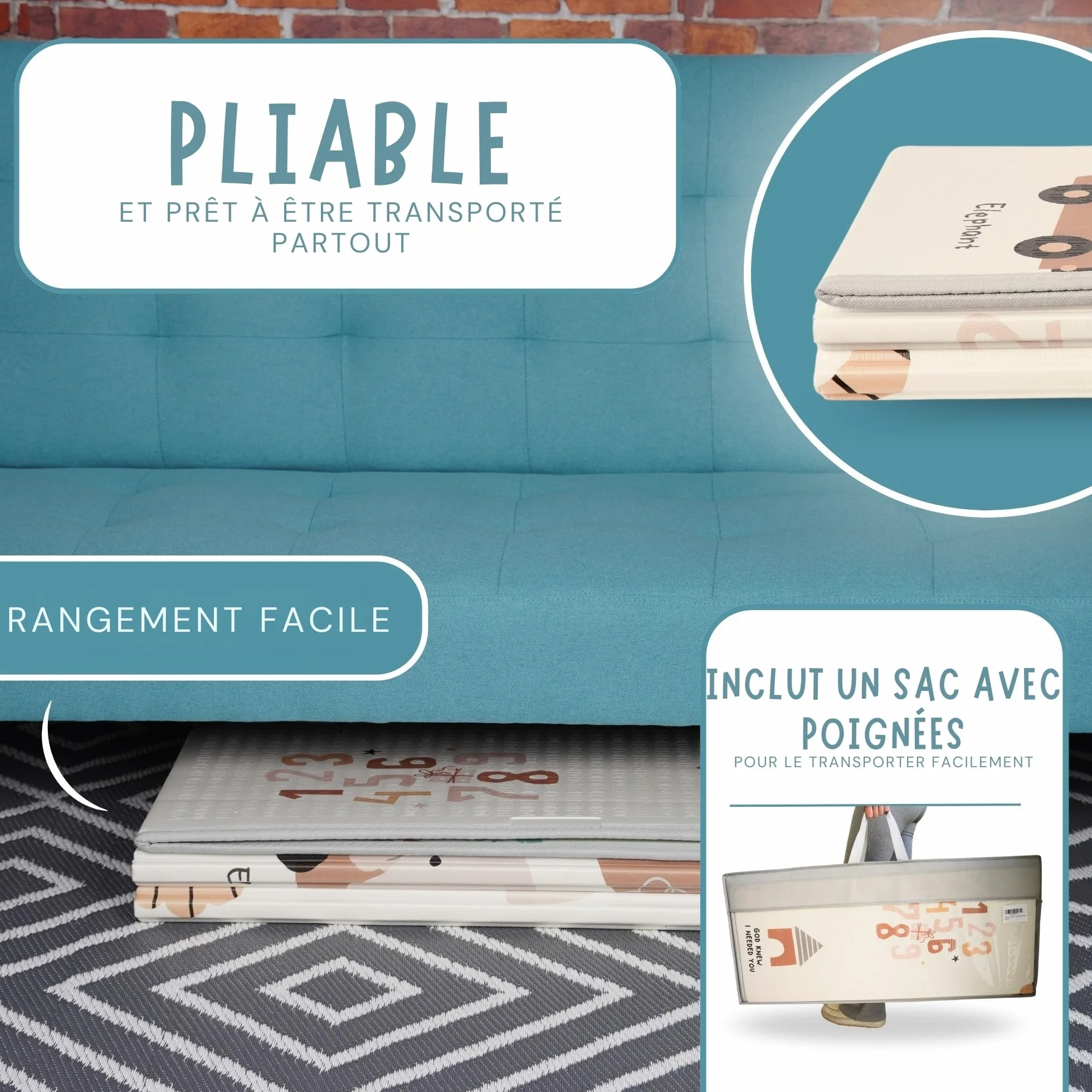 Tapis Bebe Pliable 200x180 Reversible avec Bord Renforcé, Tapis d'Eveil Anti-Chute Lavable (Carte XL)