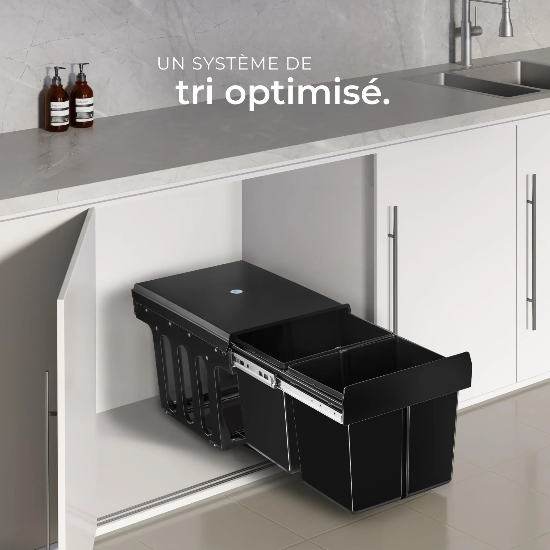 Poubelle de tri selectif 2 compartiments 2x15L 30 litres Noir pour Meuble de cuisine