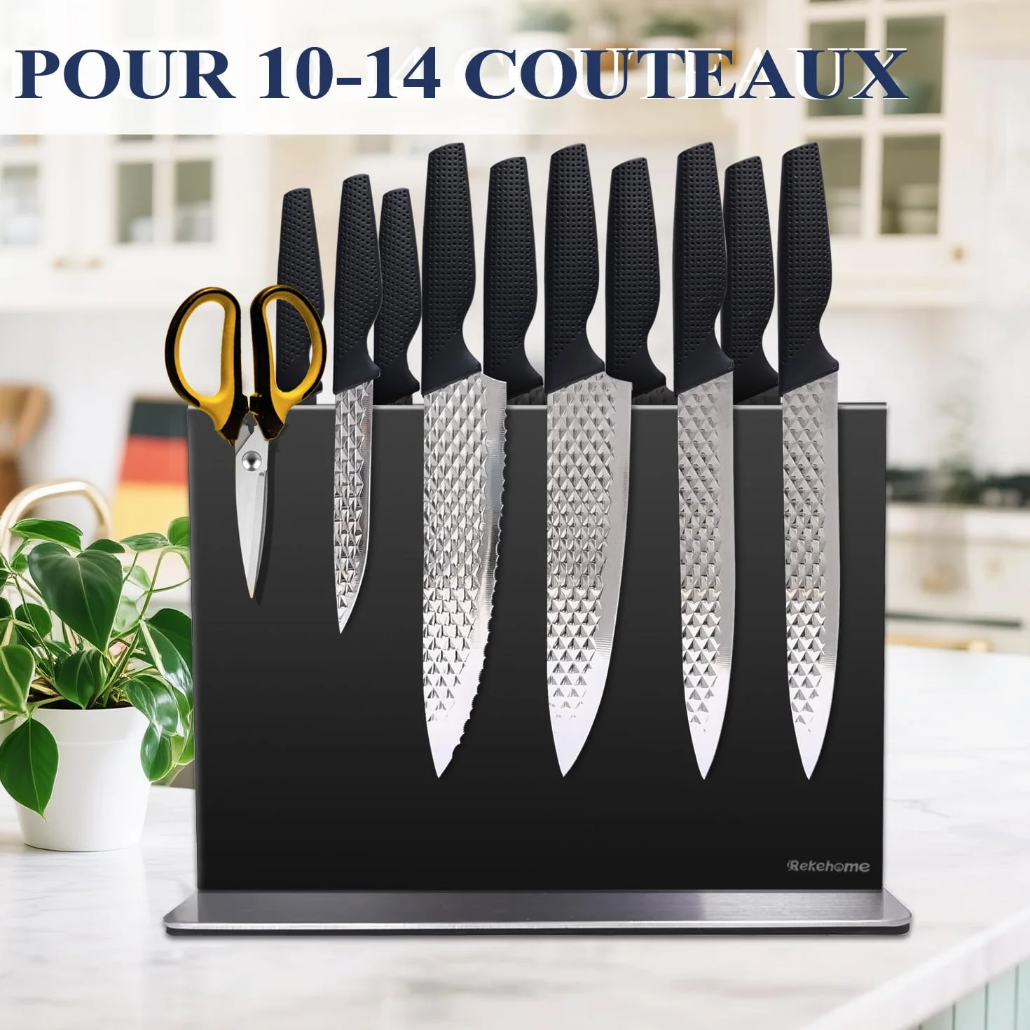 Bloc à couteaux magnétique 30 cm acier inoxydable 304 noir support magnétique puissant