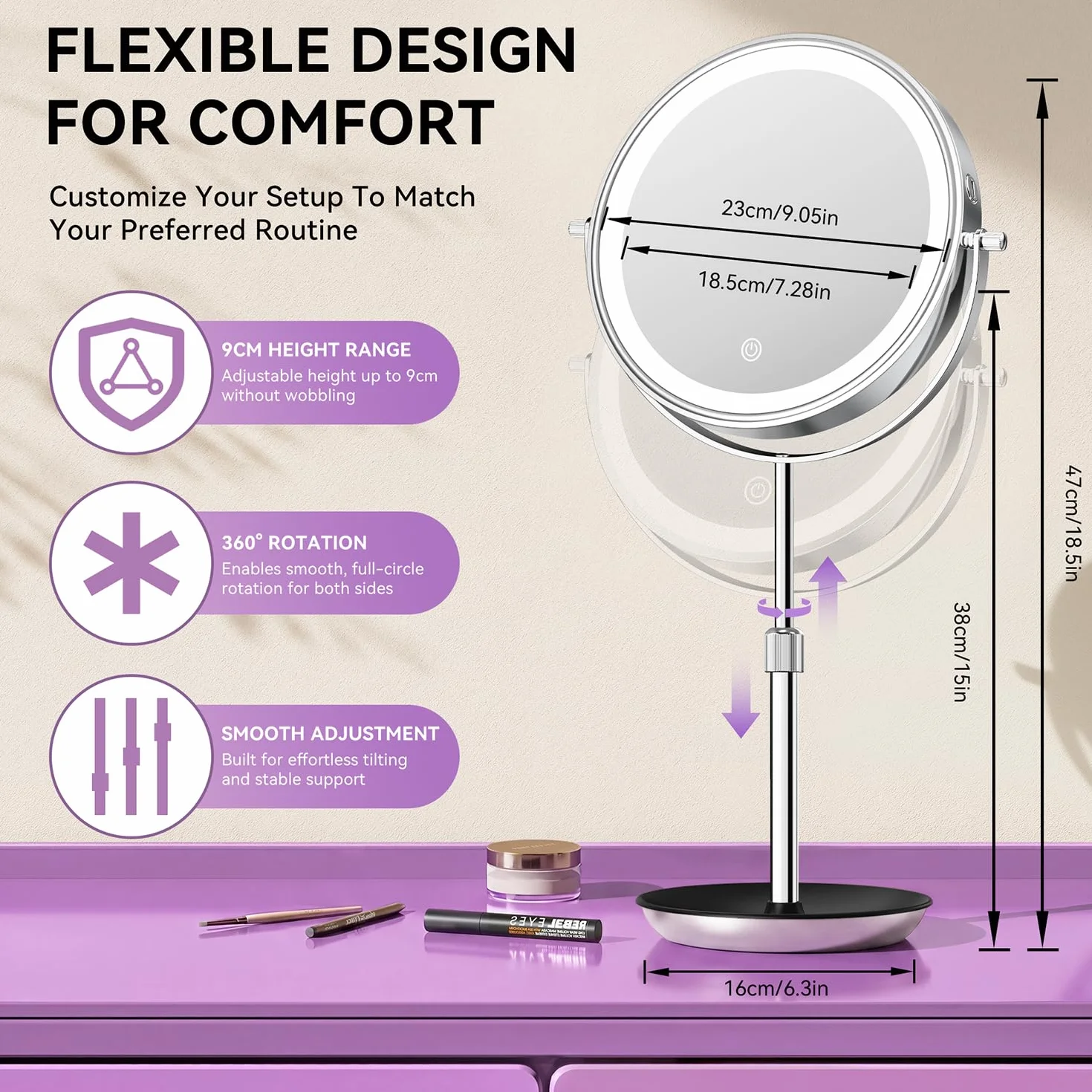 Auxmir Miroir Grossissant Lumineux 1X/30X Double Face, Miroir de Maquillage Réglable 38-47 cm, 3000mAh USB, 3 Couleurs, Rotation 360°