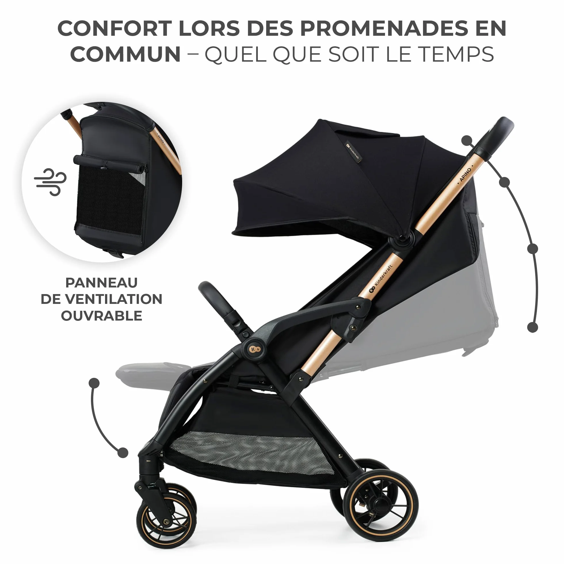 Kinderkraft APINO Poussette Légère 7,5 kg Pliage Automatique Auto Folding Noir