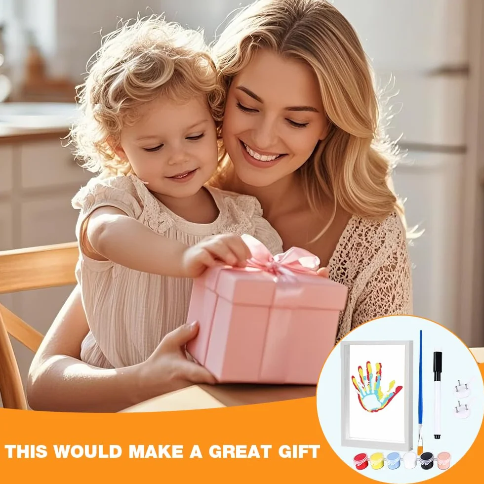 Kit d'Empreintes Familiales avec Veilleuse LED et Pigments - Cadre en Bois pour Bébé, Couples - Cadeau Personnalisé (Blanc)
