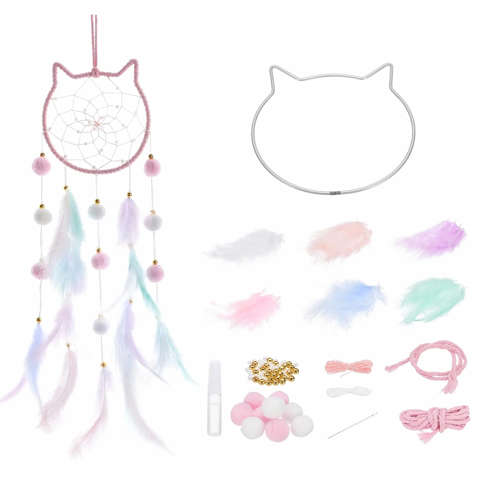Kit de Fabrication de Chat Attrape-Rêves DIY avec Plumes, Pompons et Perles Rose