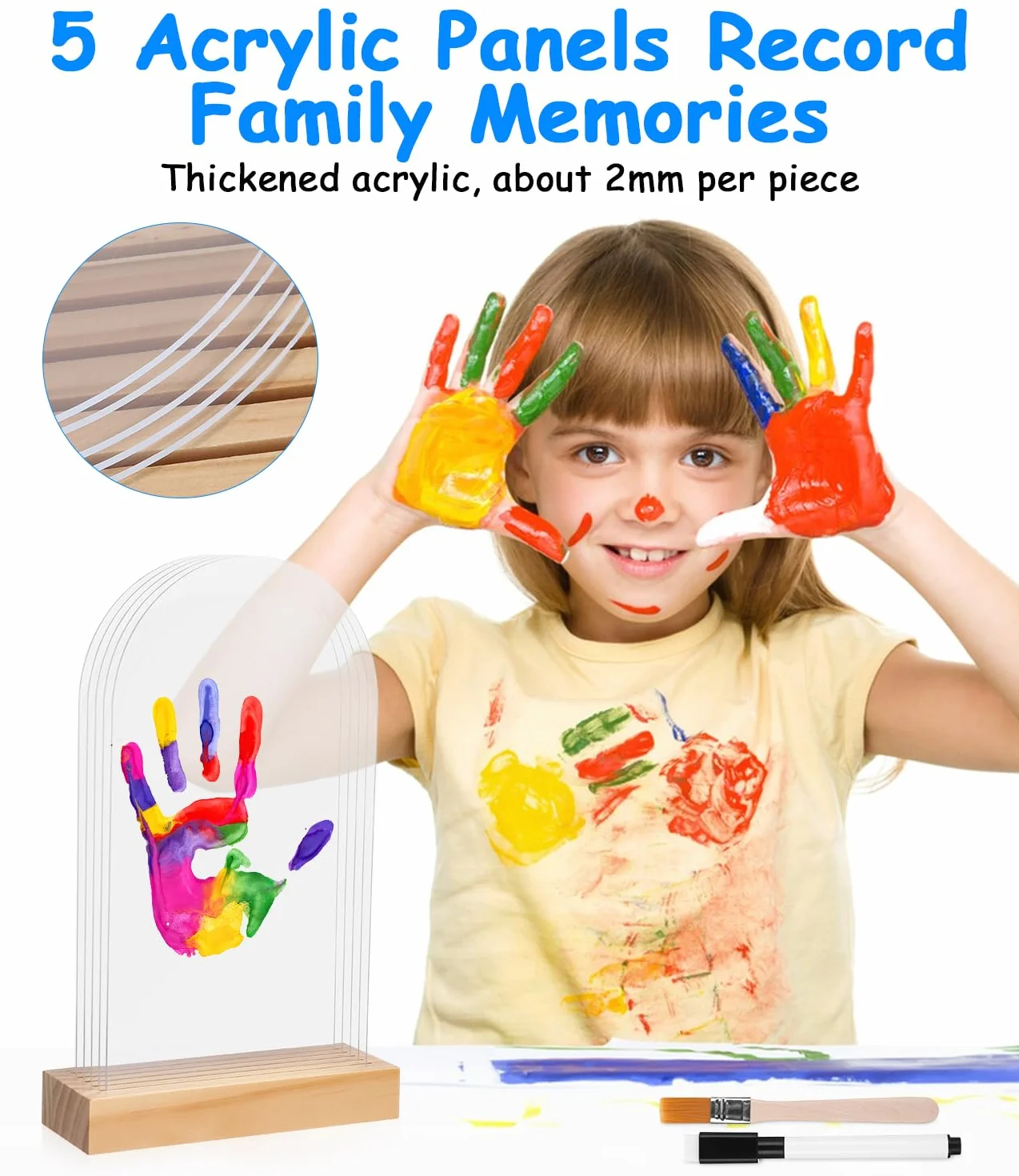 Kit Empreinte Main Famille avec 5 Plaques Plexiglas 6 Couleurs Pigments, Cadeau Bebe Naissance