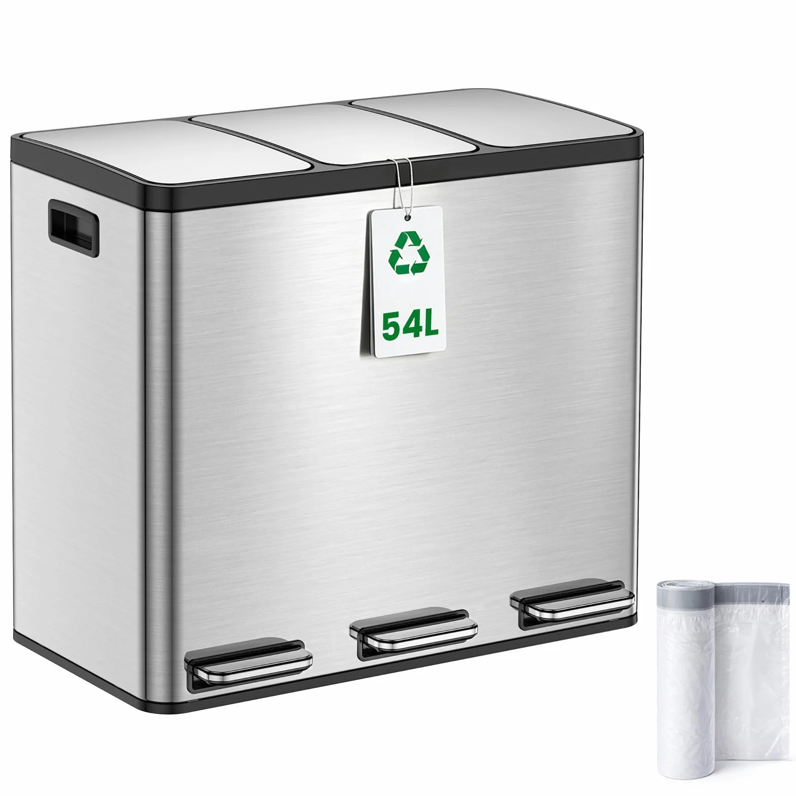 Poubelle Cuisine 54L Inox 3 Compartiments Tri Sélectif à Pédale Soft Close