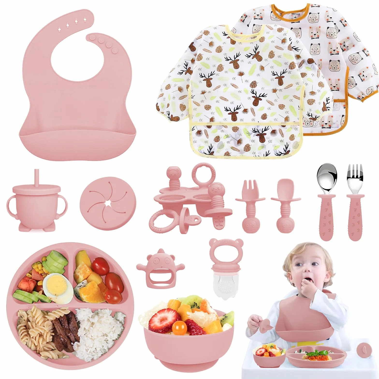 Coffret Repas Bebe 14 pièces Set Silicone Antiderapant Vaisselle Bébé Assiette Bol Fourche Cuillère Bavoir Tasse Rose clair