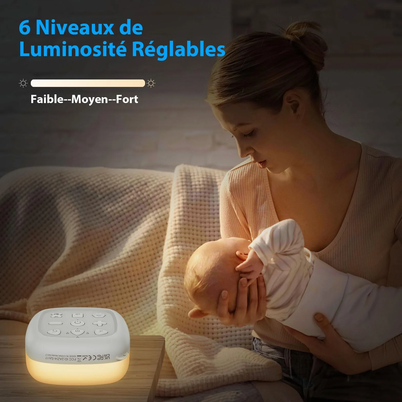 eSynic Mini Veilleuse Bruit Blanc Machine à Sommeil Portable pour Bébé, 30 Sons et 7 Couleurs