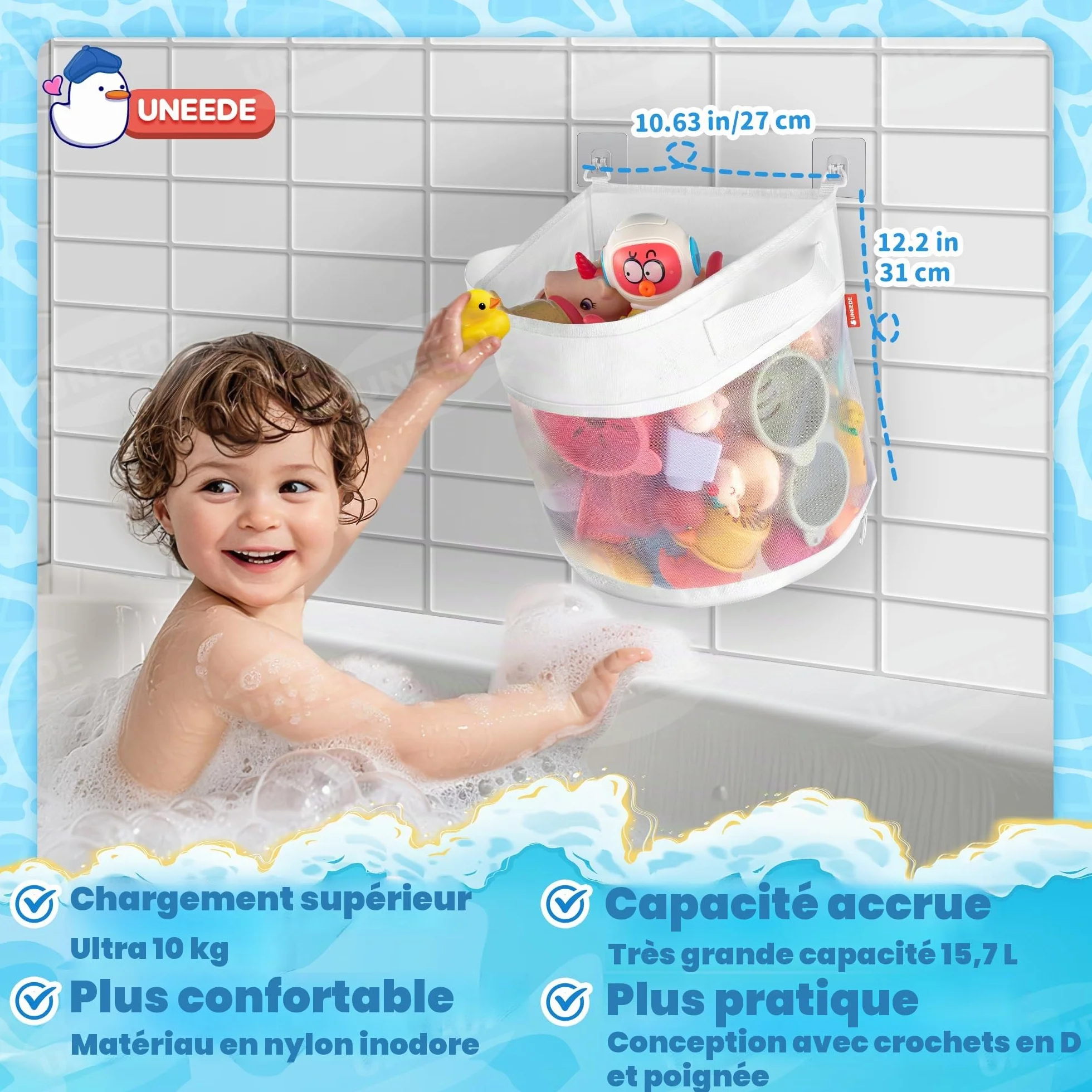 UNEEDE Filet Rangement Jouet Bain Bebe avec 4 Crochets Adhésifs