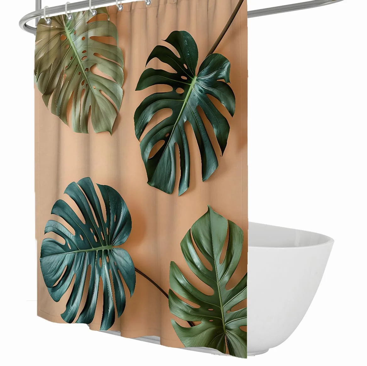 Rideau de douche à feuilles de monstera tropicales pour décoration de salle de bain, rideau de bain en tissu botanique feuilles de palmier vert style bohème, lavable avec crochets W200xL200 cm