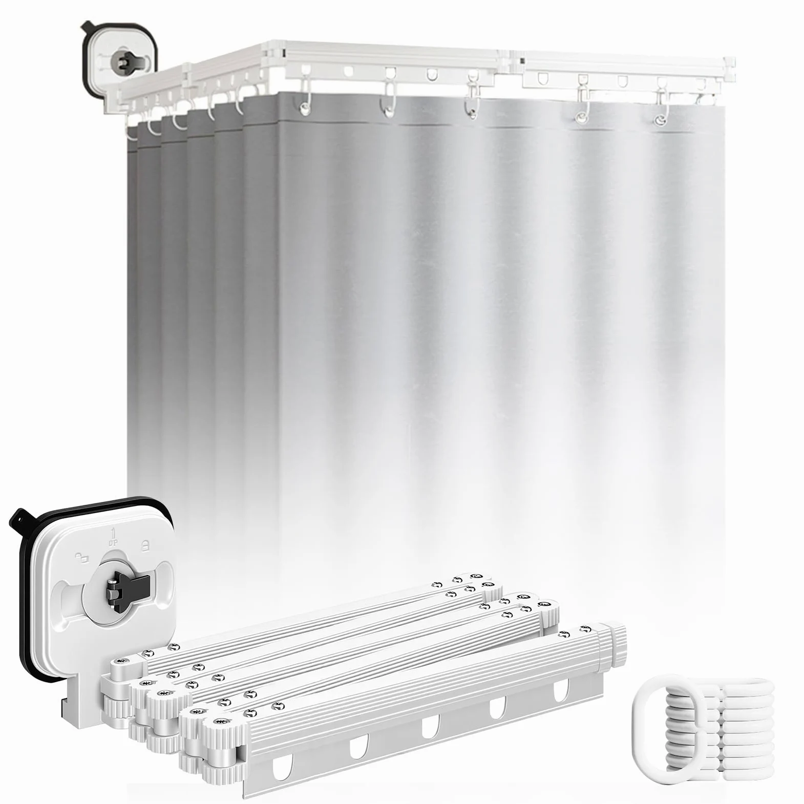Rideau De Douche Sans Perçage, Tringle à Rideau De Douche Pliable Avec Ventouses, Rideau Douche (1,8x2m), Tige d'Angle avec Anneaux, pour Salles de Bain, Baignoire, Vestiaires(4 Plis)