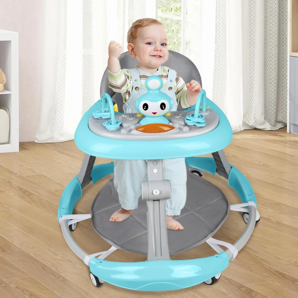 Trotteur Bébé Pliable 6-18 Mois Roues Silencieuses Hauteur Réglable Bleu 70x70x91cm