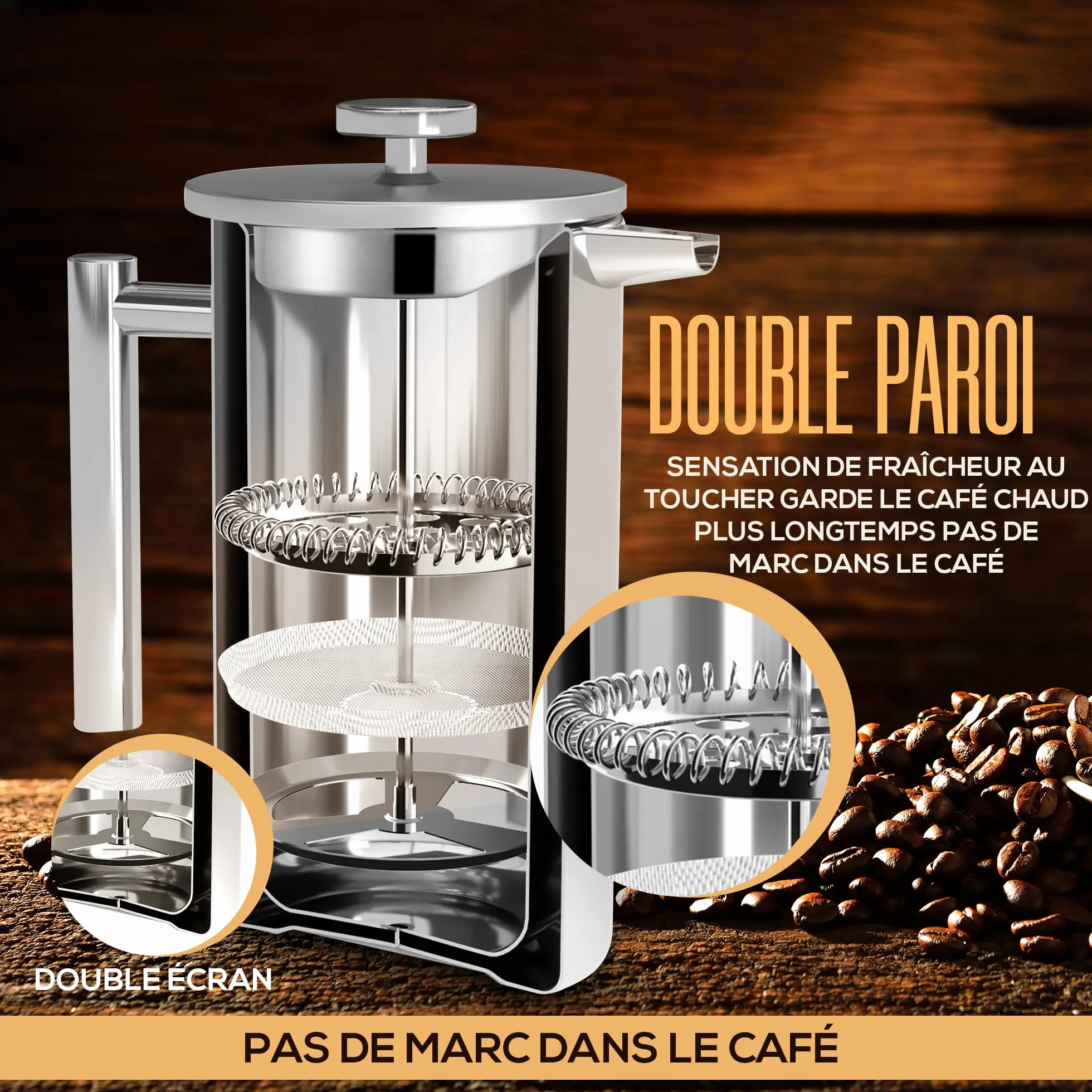 KICHLY Cafetière à piston en acier inoxydable 34 oz 1,0 litre Argent