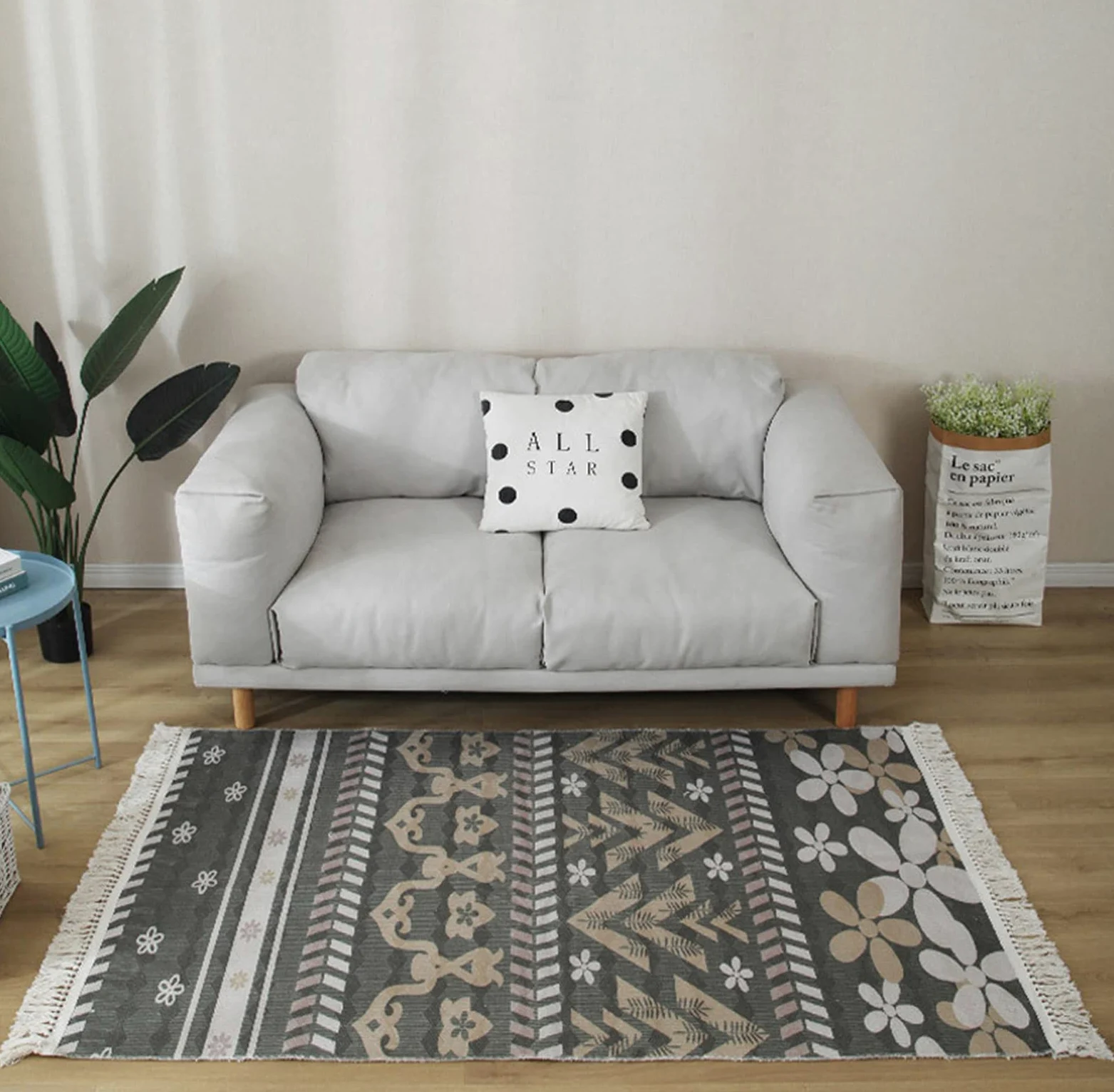 Tapis tissé à la main en coton et lin avec pompon - Style bohème - Pour salon ou chambre à coucher - 80 x 200 cm