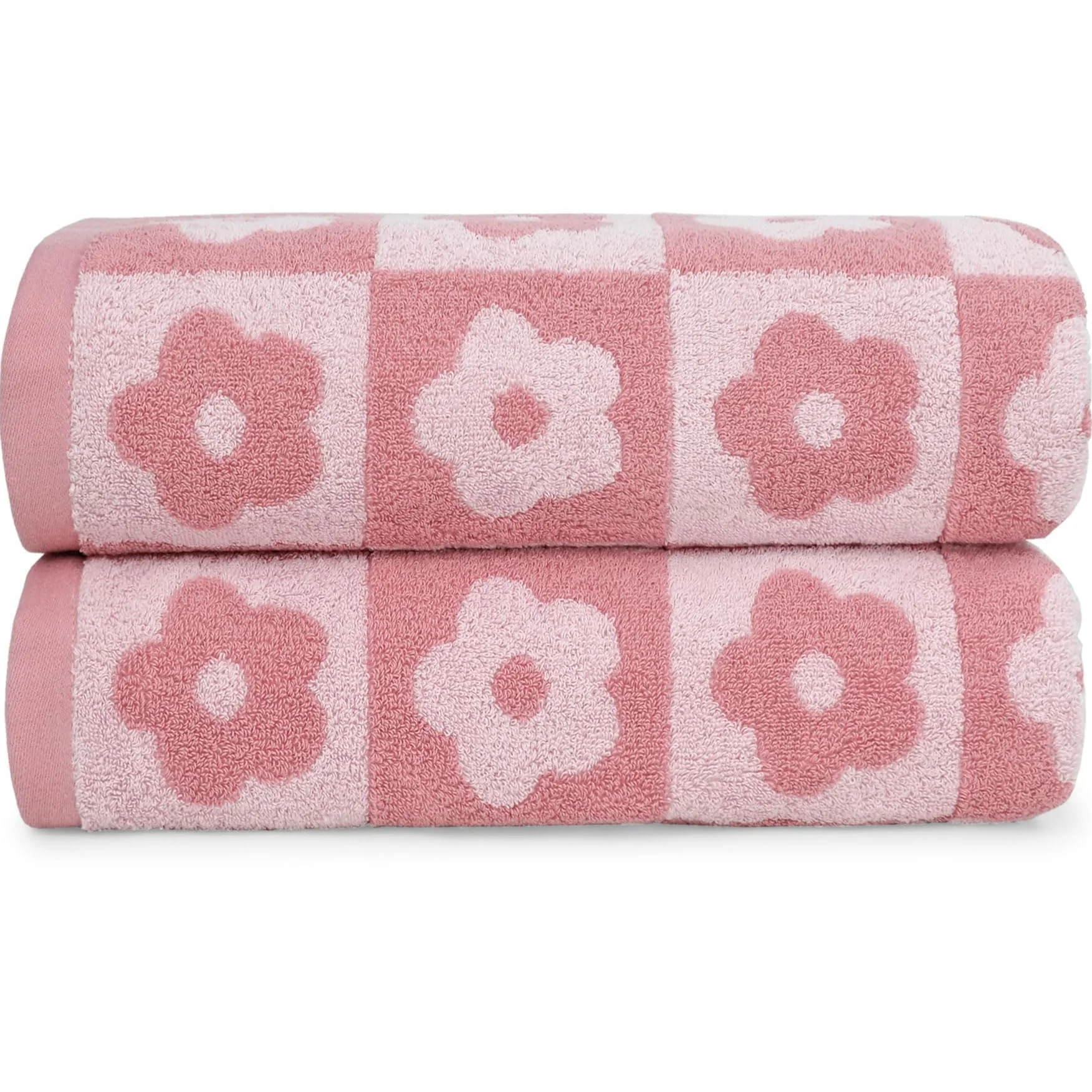Jacquotha Lot de 2 Serviettes de Bain de Luxe à Carreaux Floraux, Serviettes Roses pour Femmes et Filles, 69,9 x 140,7 cm, décoration Mignonne pour Salle de Bain et Piscine, en Coton